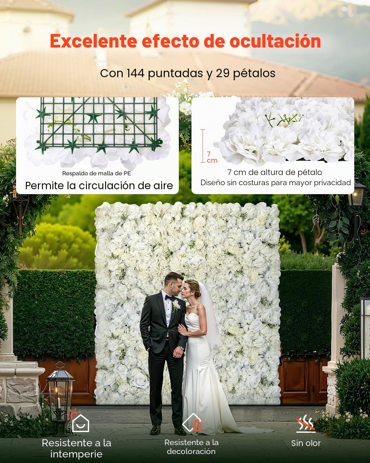 VEVOR Panel 3D de Flores Artificial para Pared 24 Piezas 38 x 38 cm Fondo de Pared con Flores Artificiales sin Costuras Instalación Fácil para Bodas, Hogar, Jardín, Fiestas, Decoración, Blanco