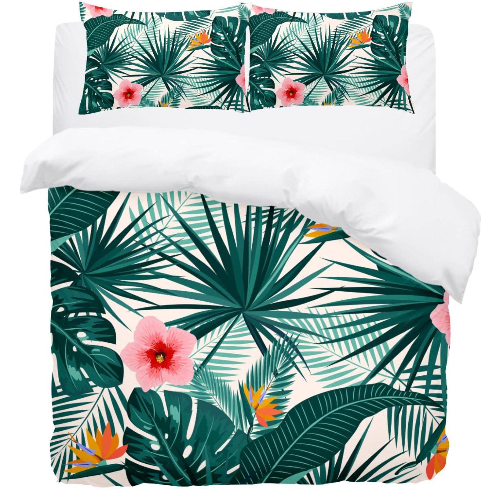 Parure de lit motif floral tropical vert housse de couette 2 personnes et taies d'oreiller