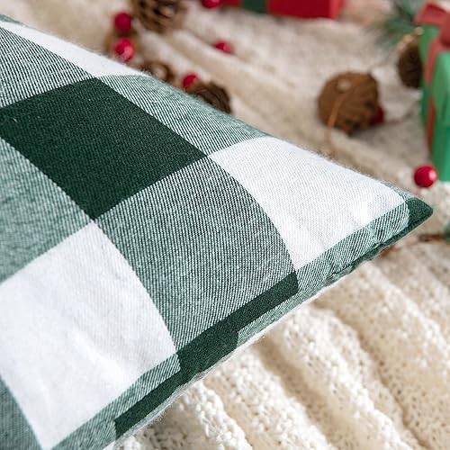 Miniatura 6 de MIULEE Paquete de 2 fundas de almohada decorativas de lino de poliéster a cuadros clásicos retro de Navidad, color verde y blanco, fundas de