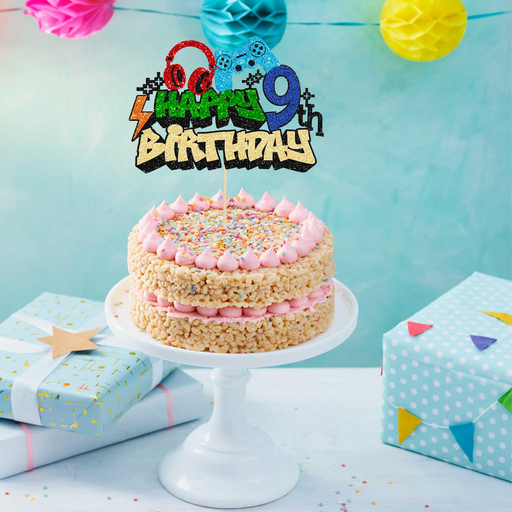 Gyufise 1Pcs Video Game Happy 9th Birthday Cake Topper Glitter Video Game Cake Pick Game On Controllers Tenth Cheers to 9 Years Cake Decoration for Boys 9th Birthday Party Supplies 3