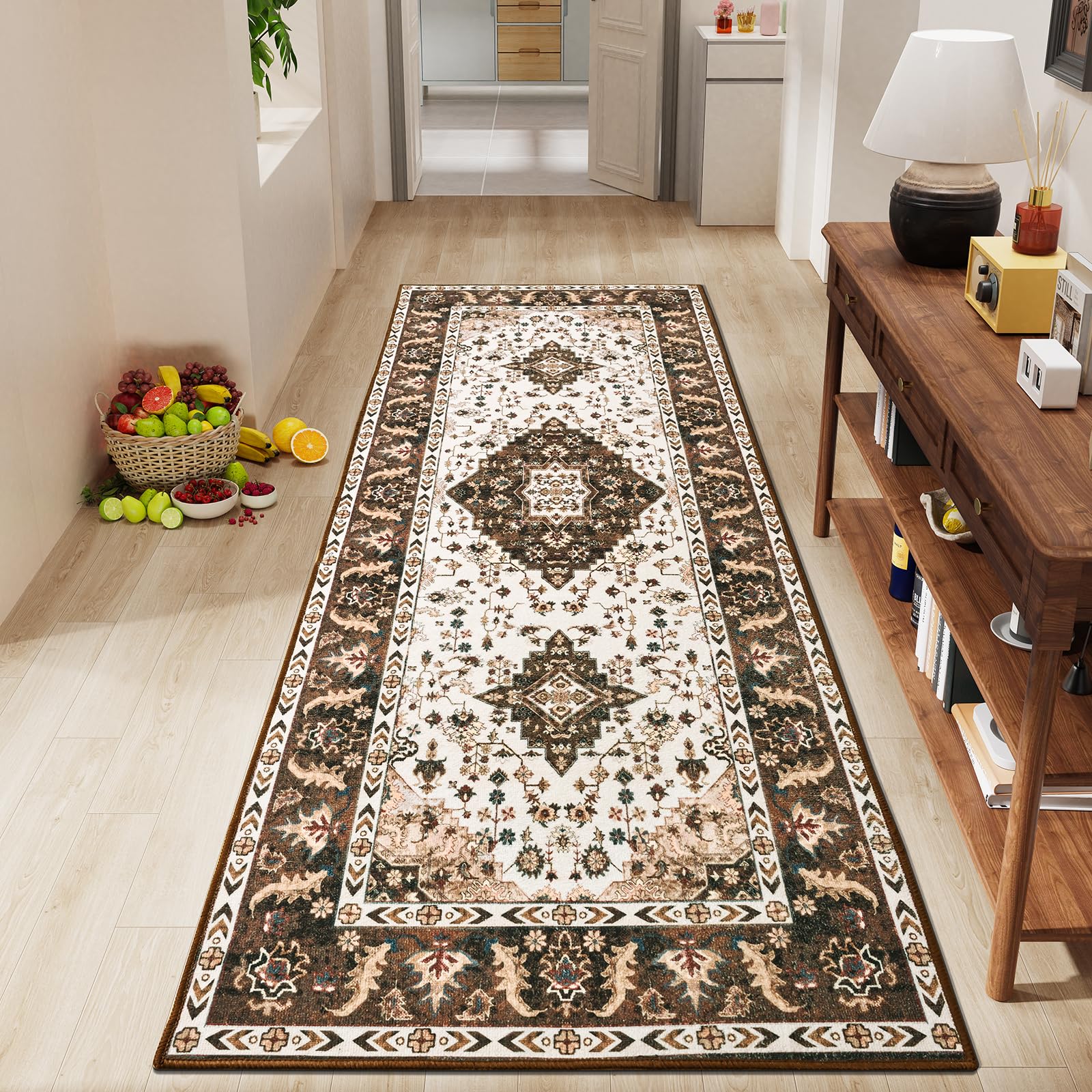 Amearea Vintage Design Runner Rugs for Living Room, 2x6 Machine Washable Floral Collection Traditional Bedroom Rug, Low Pile Cute Kids Room Print Carpet, No Slip Office Kitchen Home Decor, Brown