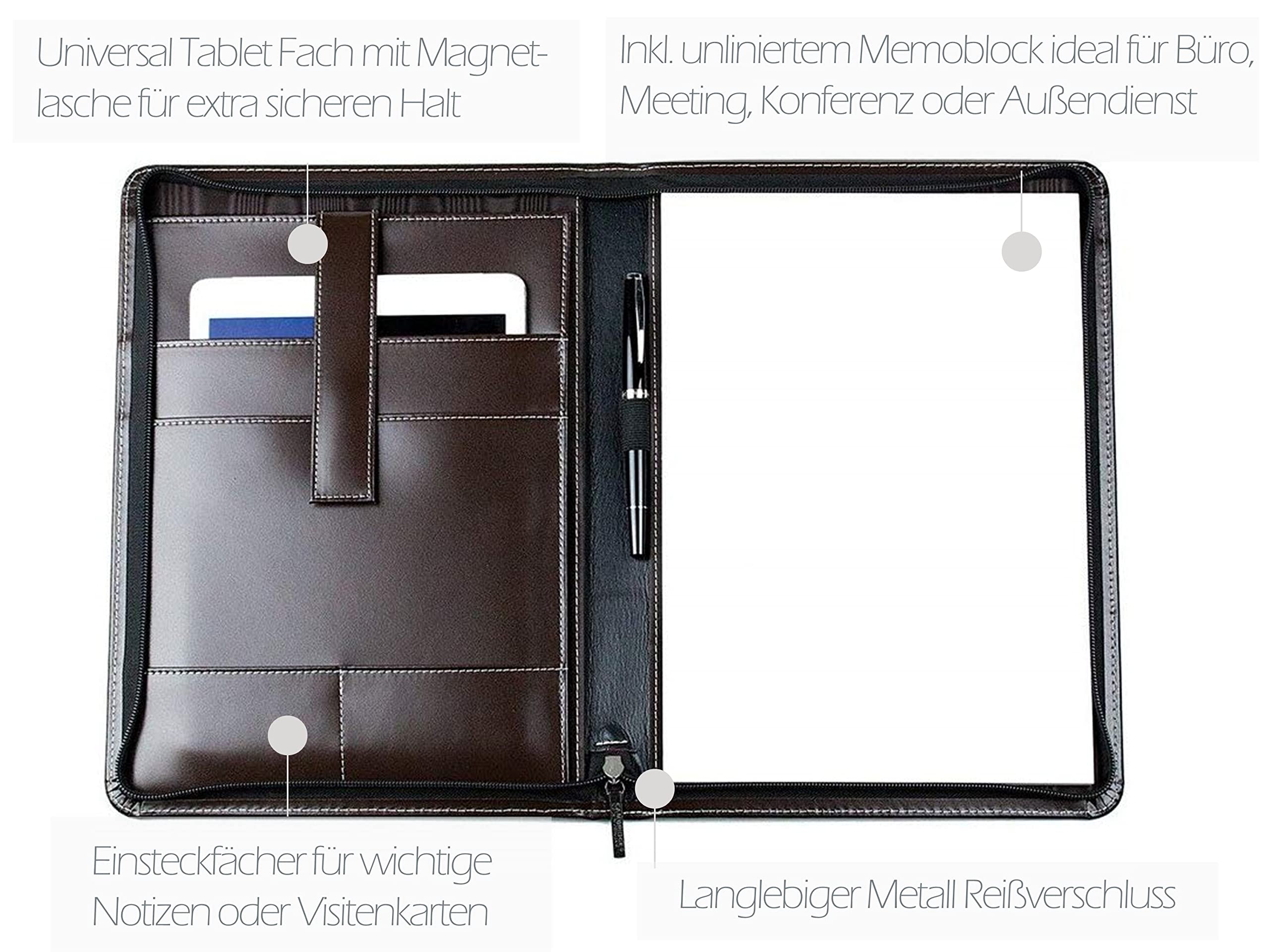 DELMON VARONE - Personalisierbare Tablet Schreibmappe DIN A4 aus Cambridge Top Grain Leder braun, Konferenzmappe mit Notizblock, Stiftschlaufe & Einsteckfächer, Besprechungsmappe mit Reißverschluss
