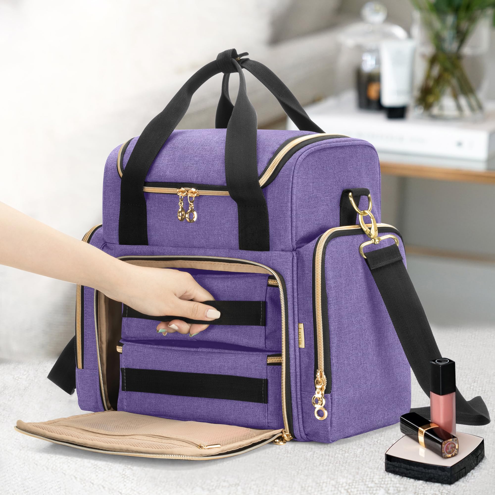 Luxja Bolsa de Maquillaje de Viaje con 2 Estuches Extraíbles, Bolsa de Cosméticos con Varias Secciones de Almacenamiento, Estuche de Maquillaje (Solo Bolsa), Púrpura