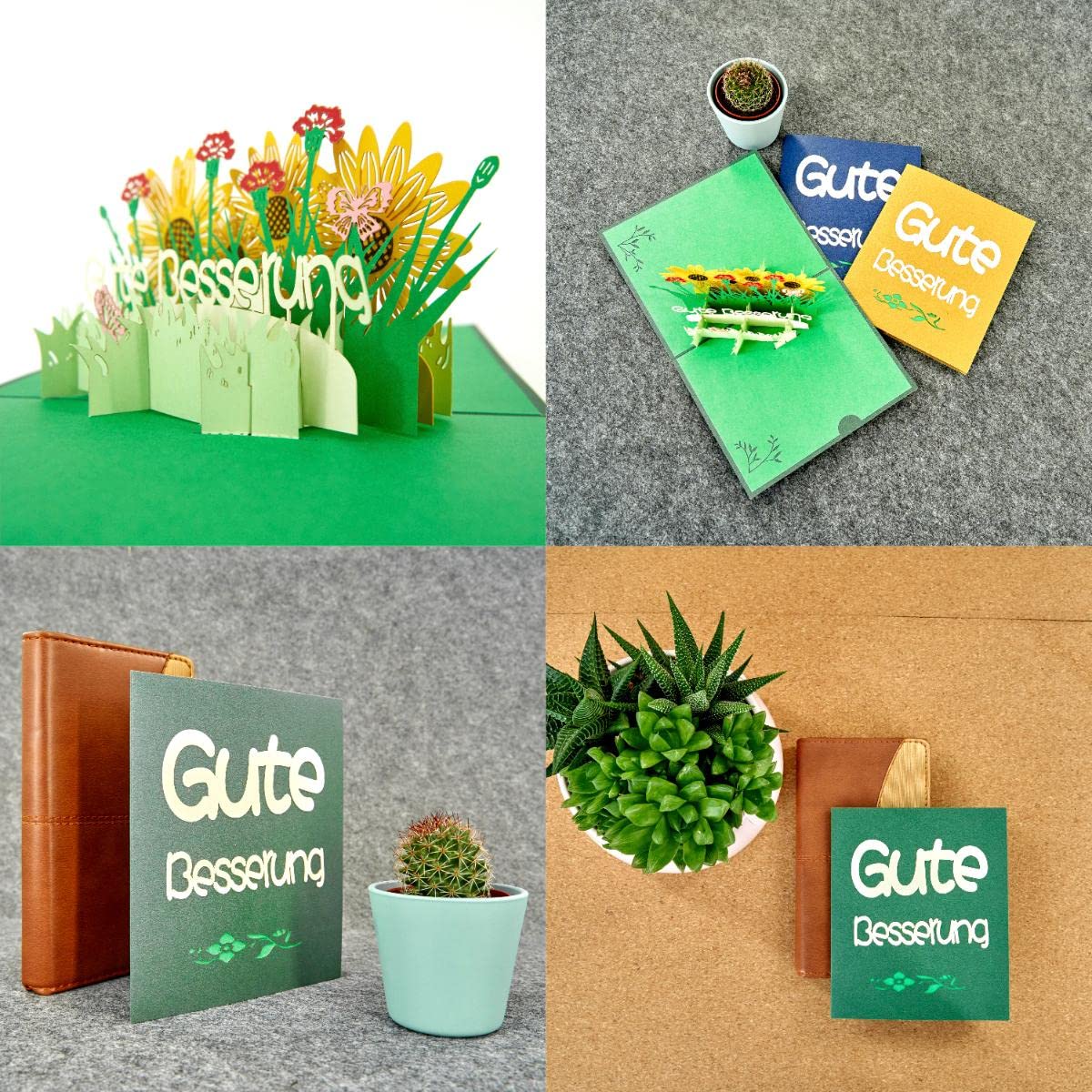 Biglietto Di Auguri Pop-Up 3D 'Gute Besserung' Con Fiori – Colore Verde, Con Busta E Foglio Per Messaggio, Fatto A Mano