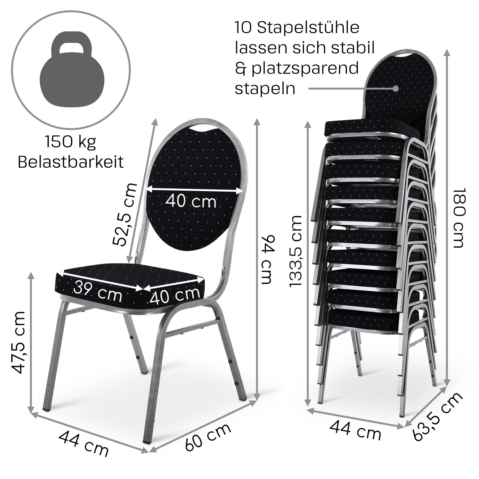 MACOShopde by MACO Möbel Raburg Stapelstuhl 6er-Set – Bankettstuhl gepolstert & stapelbar, bis 150 kg belastbar, robuster Stahlrahmen – Gastronomie, Hotel, Konferenz & Events | Vienna Silber/Schwarz