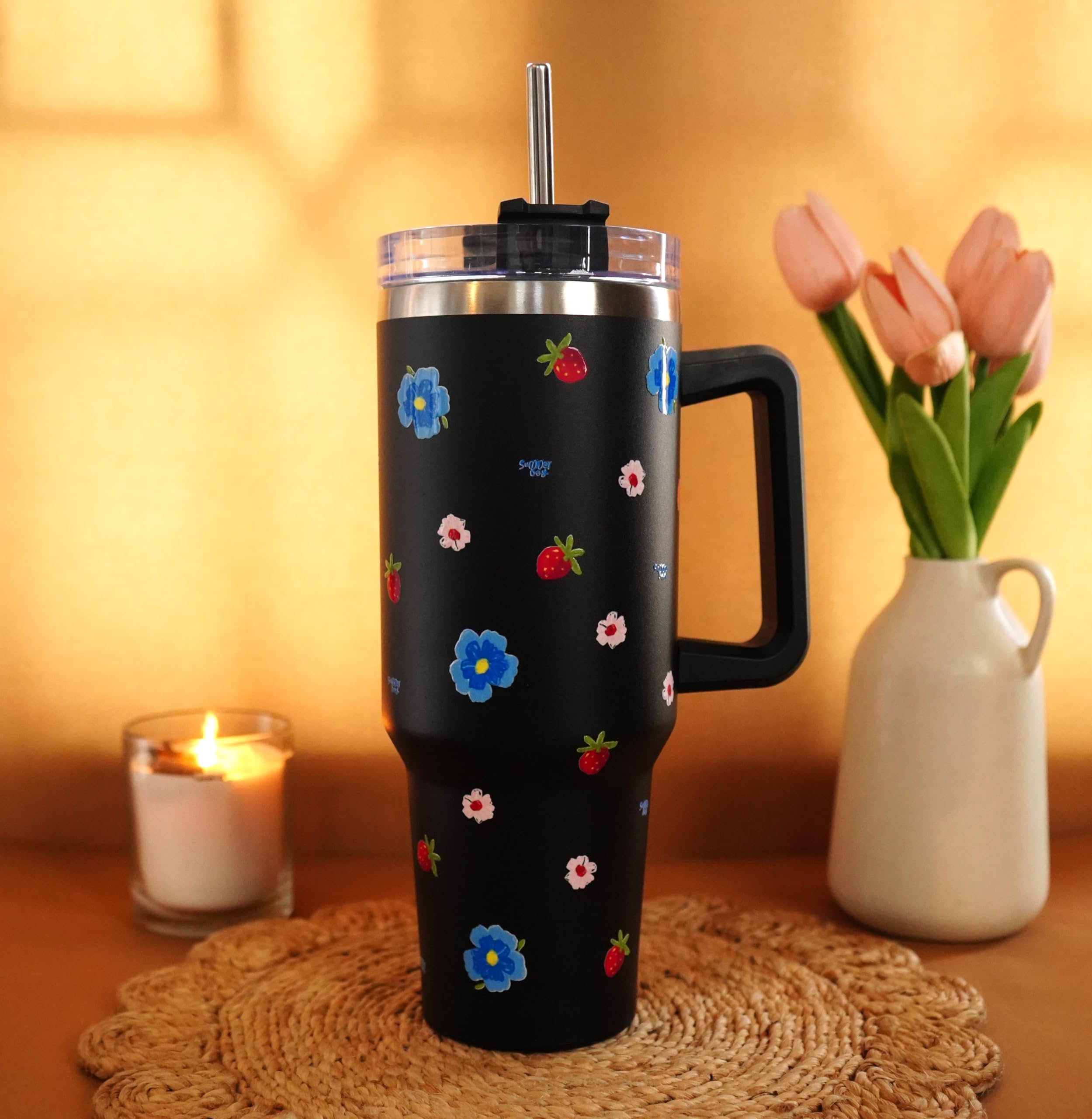 Najarat 1200ML Stainless Steel Tumbler Hot and Cold with Handle and Lid and 2 Straws, Double Insulated Cup Leak Proof Mug Cupholder for Gym, Travelling (Black Floral)