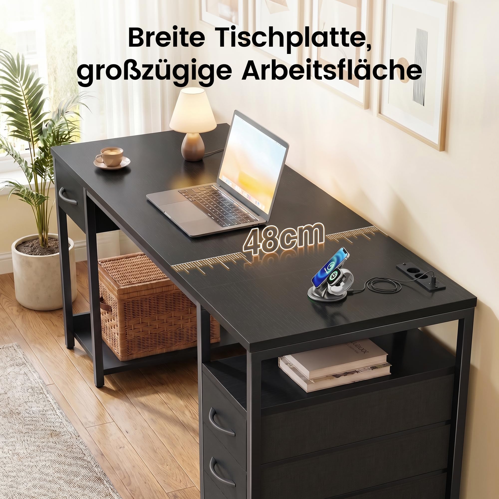 YOUDENOVA Schreibtisch mit 4 Schubladen, Computertisch 140cm mit Steckdosen und USB A/C, CPU-Ständer, Ablagefach, Stabiler Bürotisch PC Tisch Officetisch Für Büro Wohnzimmer Home Gaming Schwarz
