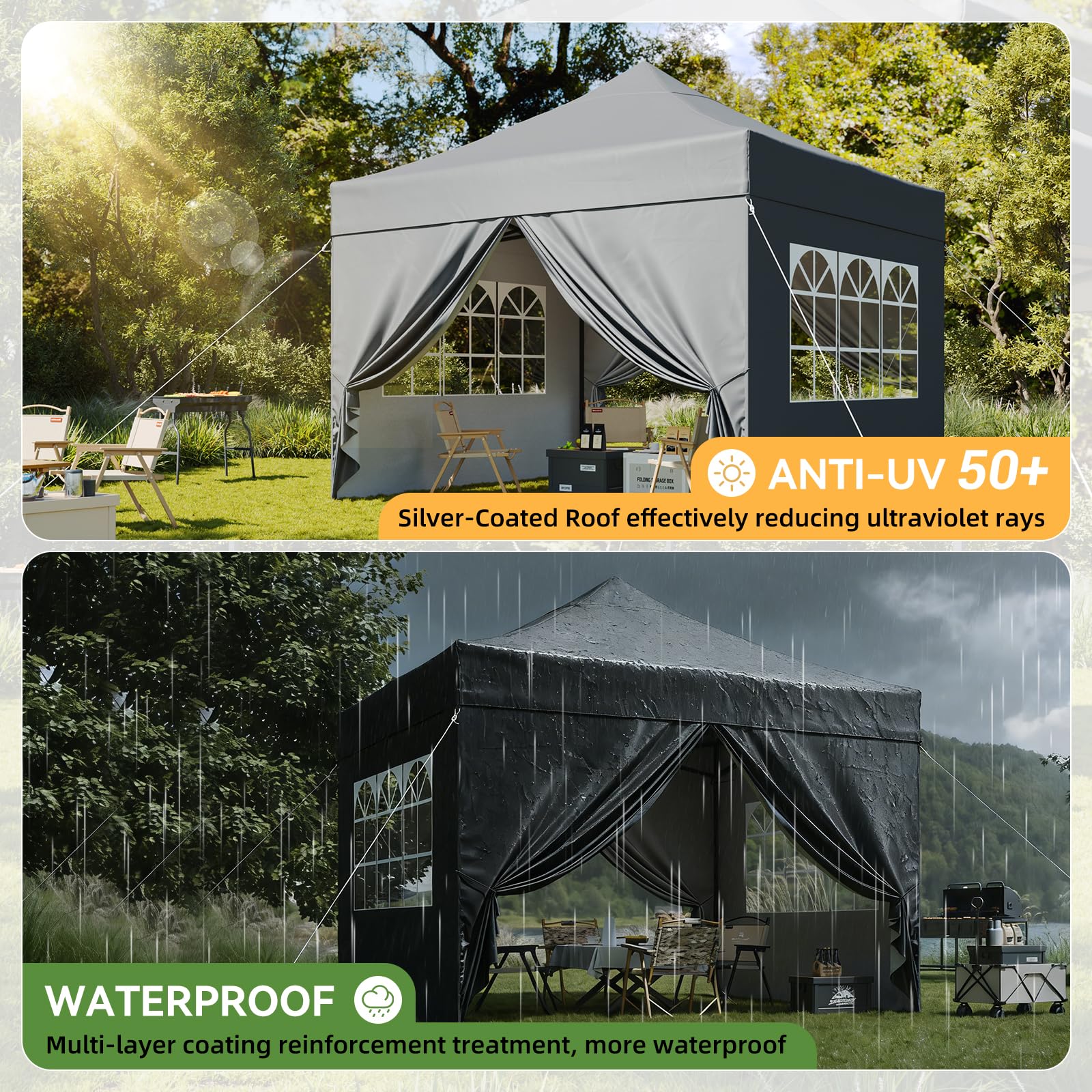 Aoxun Faltpavillon 3x3m Wasserdicht mit Seitenwänden Pop Up Pavillon | Wasserdichter 3x3m Pop Up Faltpavillon mit Seitenwänden, Rollentasche und Sandsäcken für Garten, Party und Flohmarkt