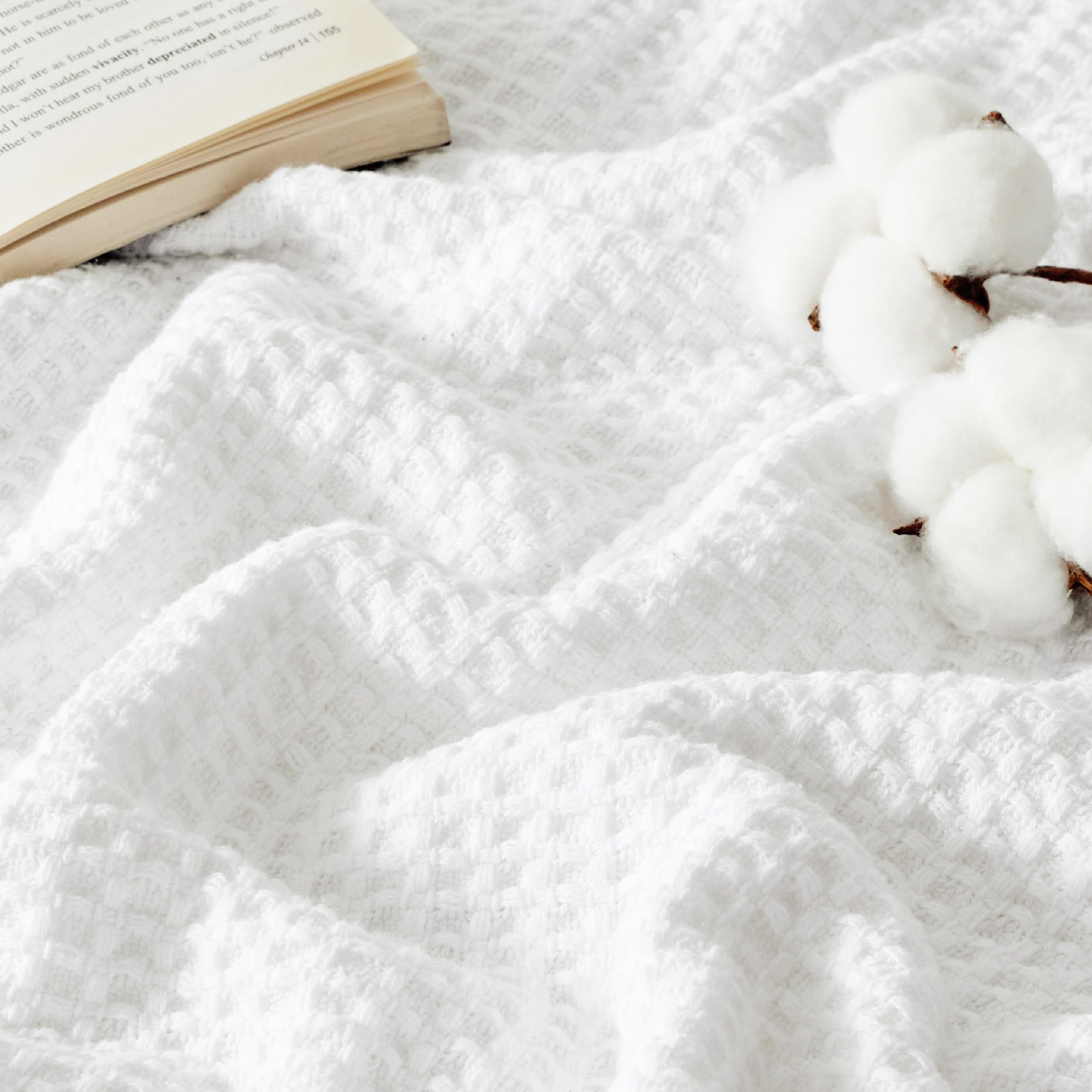 Bedsure 100% Cotton Blanket King Size for Bed - Cozy Soft Lightweight and Breathable, Basket Waffle Weave Blanket for Summer, Home Decor Gift for Women, White, 108x90 inches