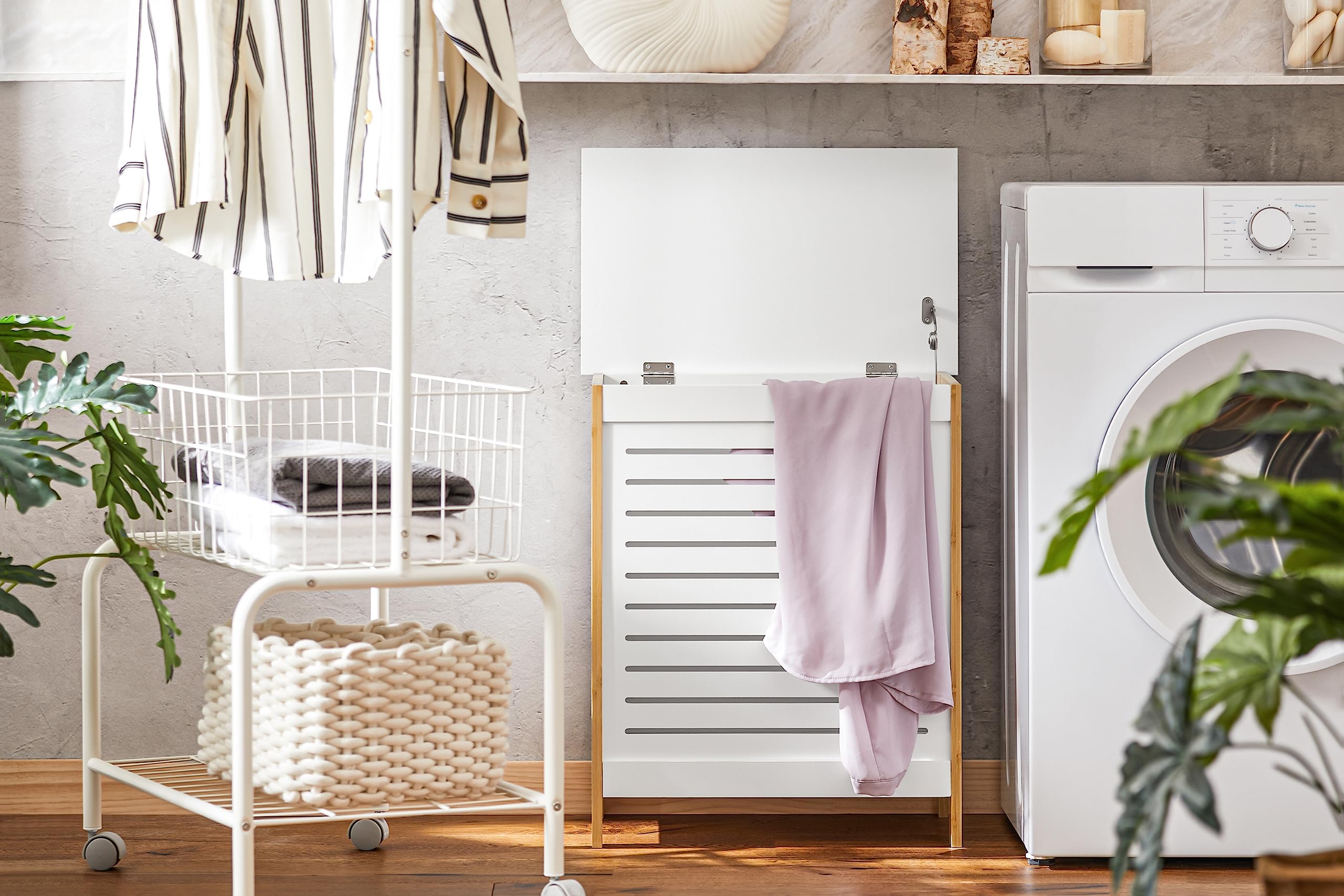SoBuy Cesto portabiancheria sporca Mobile bagno Mobiletto salvaspazio L50*P30*A60 cm bianco e legno FSS66-WN