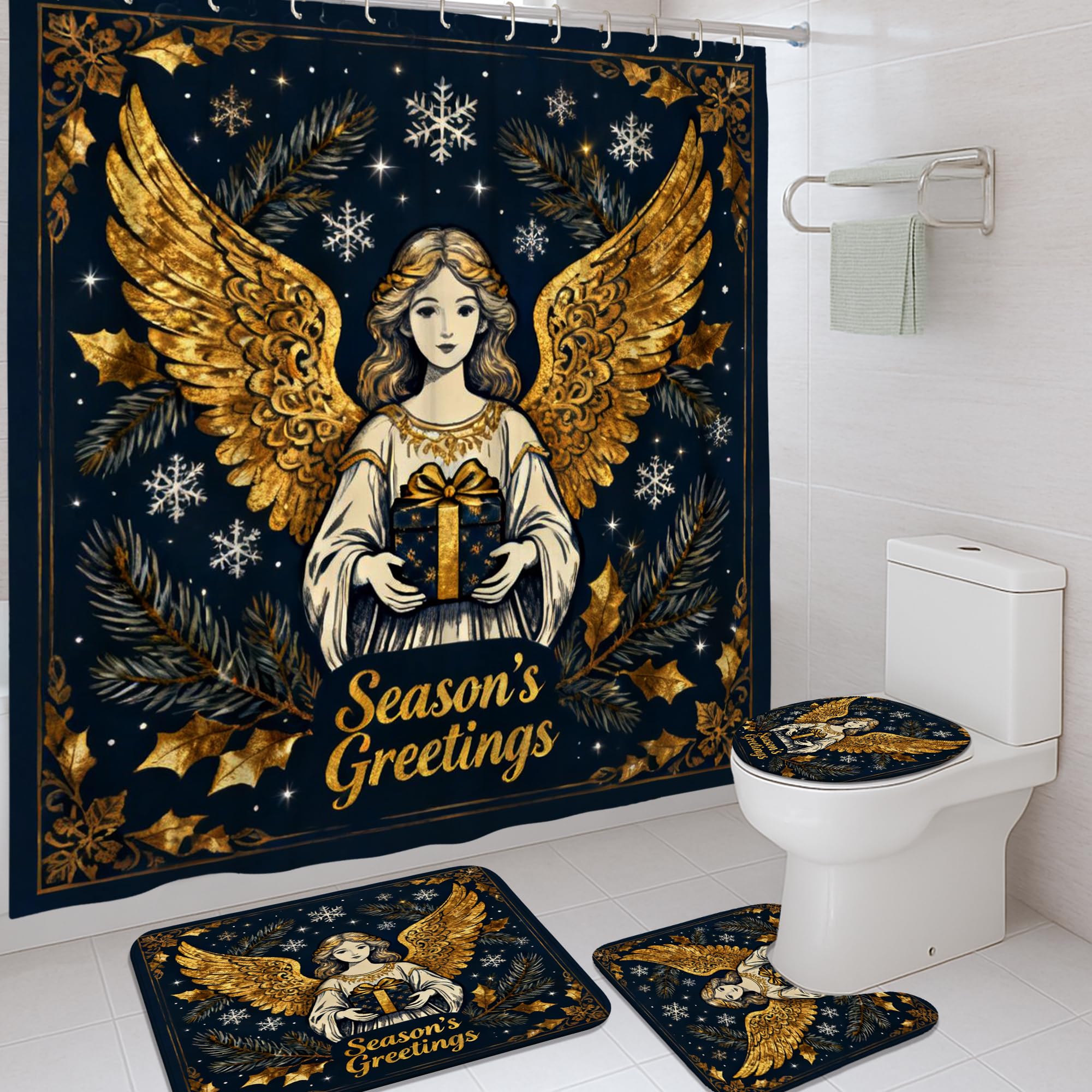 Rideau de douche ange et tapis de bain doré 183x183 cm