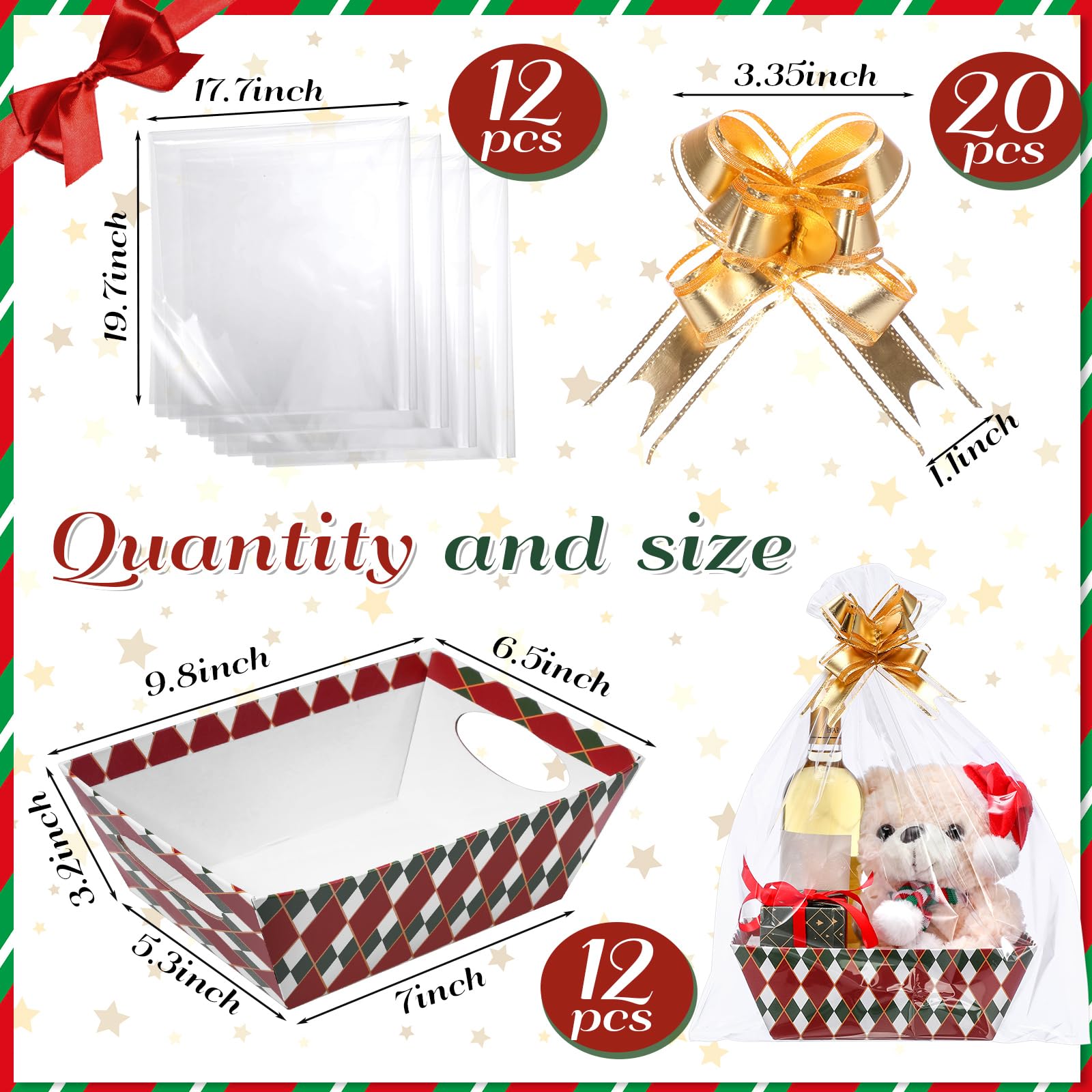 Nuogo Paquete de 12 cestas de Navidad vacías para regalos de 9.8 x 6.5 pulgadas, cesta de regalo vacía para llenar bandejas de cartón con bolsas de cesta, lazos para Navidad, vacaciones, regalos de