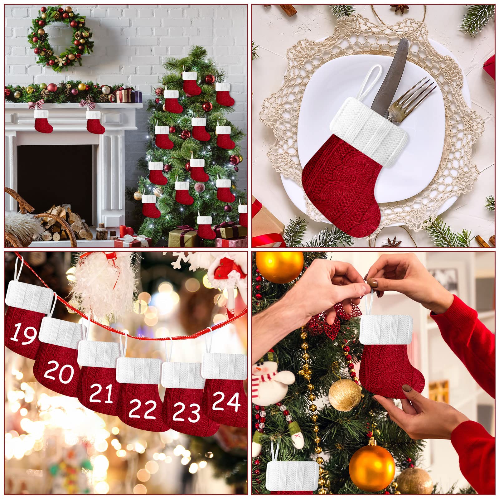 24 Stück Weihnachts-Mini-Strümpfe, roter Zopfstrick, Weihnachten, rustikaler Strumpf, Mini-Strümpfe, Weihnachtsstrümpfe, kleine Urlaub, hängende Dekorationen, Baum, Party-Dekoration