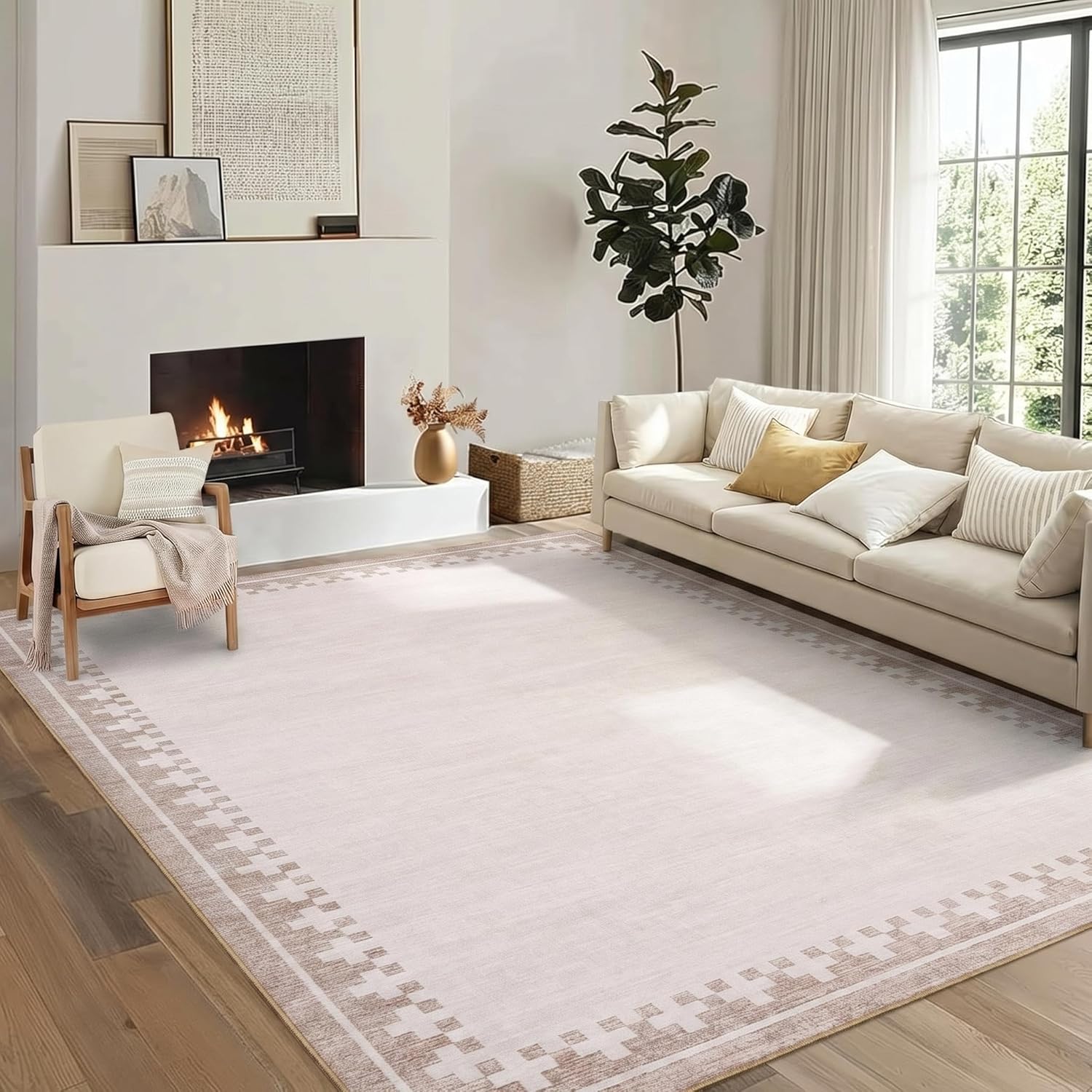 GarveeHome 5x7 Washable Low Pile Living Room Area Rugs Non Slip Modern Border Bedroom Throw Carpet Soft Stain Resistant Geometric Dining Room Rug for Nursery Room Guest Room, Light Beige/Seashell