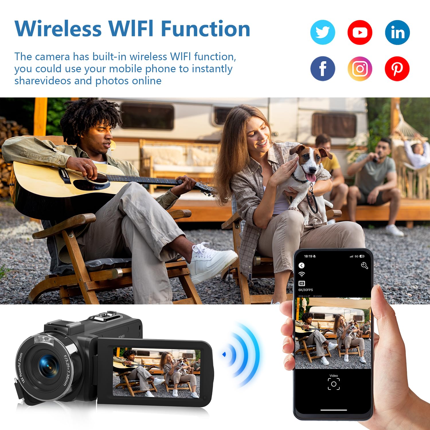 VETEK Videocamera 6K 64MP UHD WiFi Vlogging Telecamere per YouTube Zoom digitale 18X Visione notturna IR 3.0 '' Touch Screen Camcorder con scheda da 32 GB, microfono, telecomando, due batterie