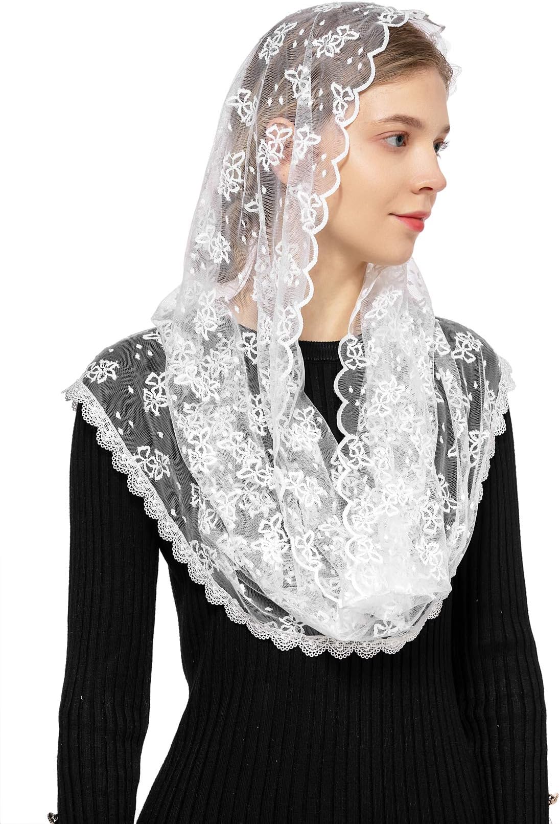 Wgior Embroidered Lace Chapel Veil Infinity Mantilla Veils Catholic Church veil Latin Mass Head Covering Scarf