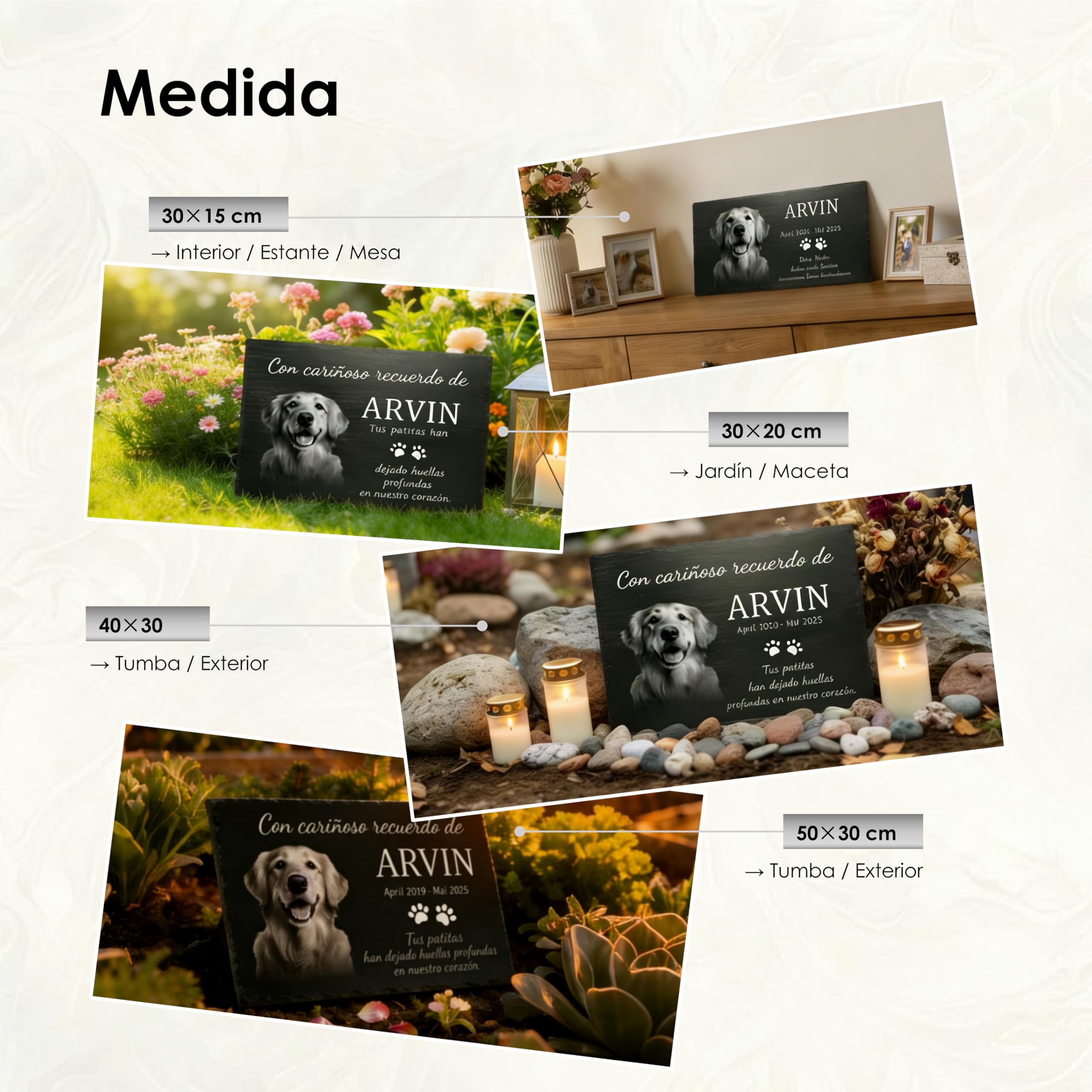 Placa Conmemorativa Personalizada para Mascotas en Pizarra Natural – Memorial para Perro o Gato con Foto y Texto Grabado – Apta para Exterior – 30x15 / 30x20 / 40x30 cm