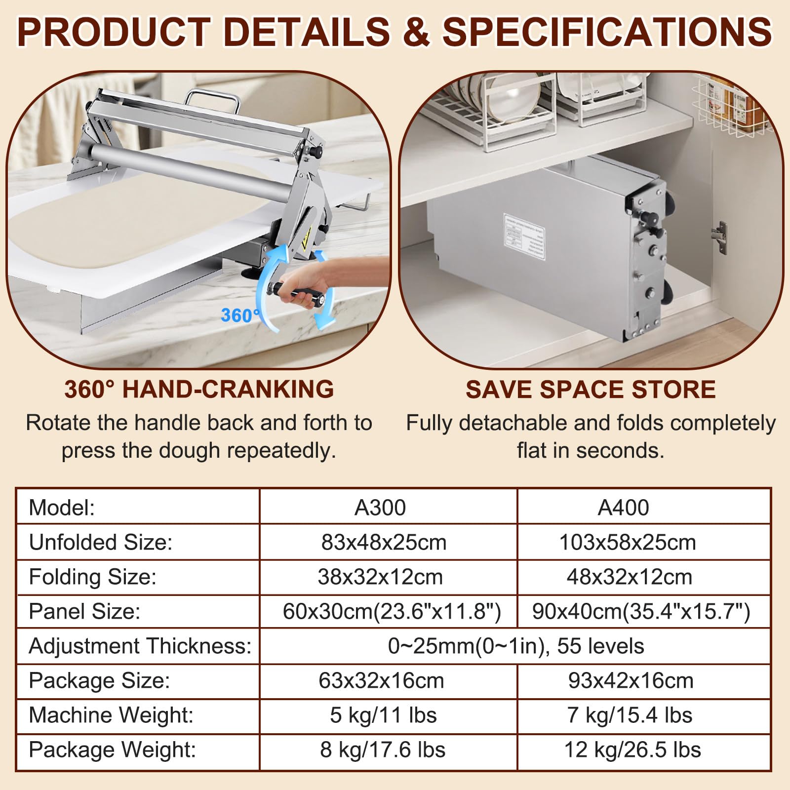 Laminoir à Pâte Pliable Manuel pour Boulangerie, Pizza et Croissants, Laminoire Manuel à Pate, Laminoir à Pâte Feuilletée, Laminoir à Pâtisserie en Acier Inoxydable A300