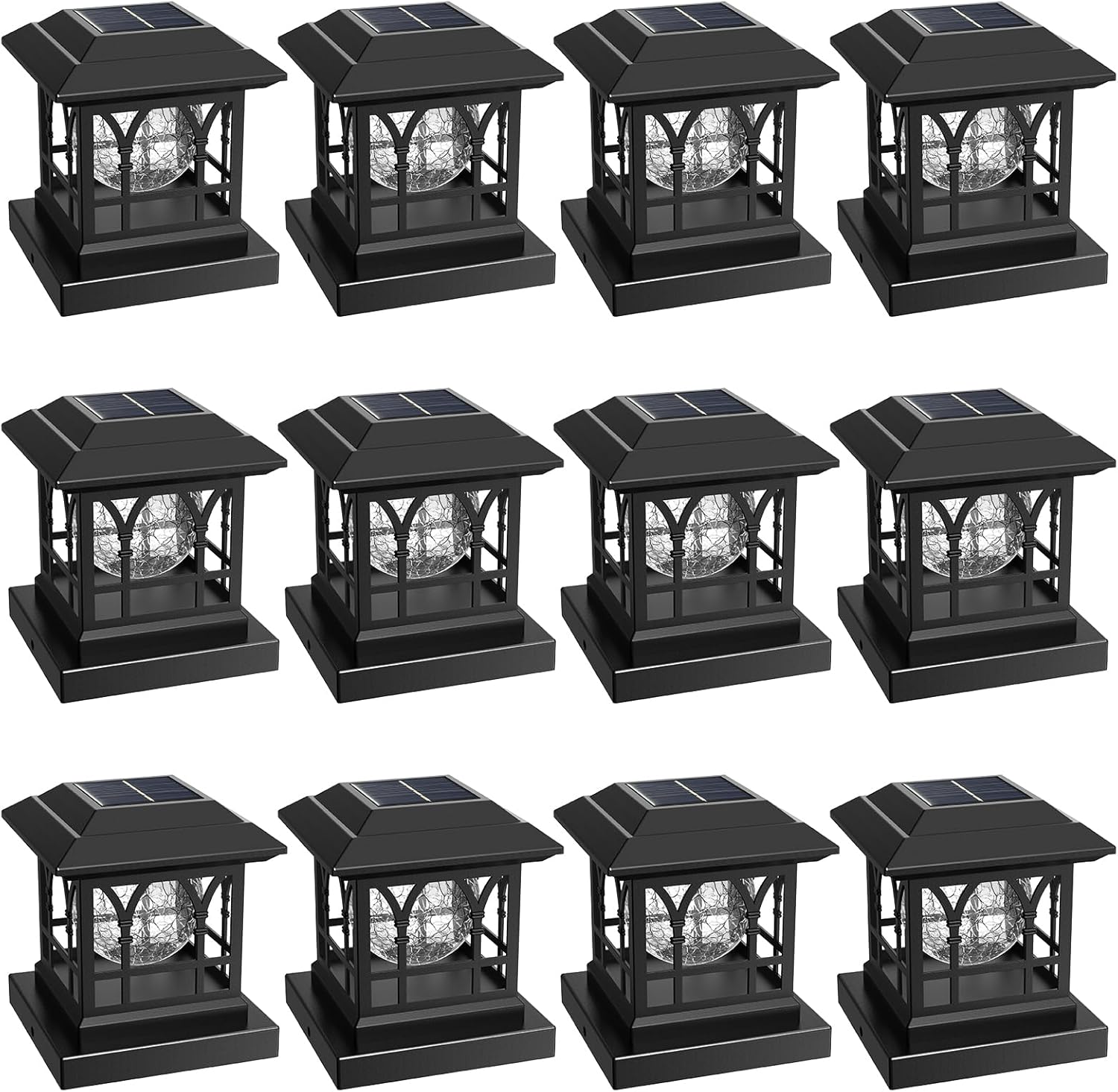 Fence Post Solar Lights, Crackle Glass Solar Post Cap Lights, 20 Lumens, Warm White & RGB Automatic Cycling 2 Modes for 3.6x3.6 4x4 4.5x4.5 5x5 Vinyl Wooden Posts Decoration, Black (12 Pack) Black 12 Pack