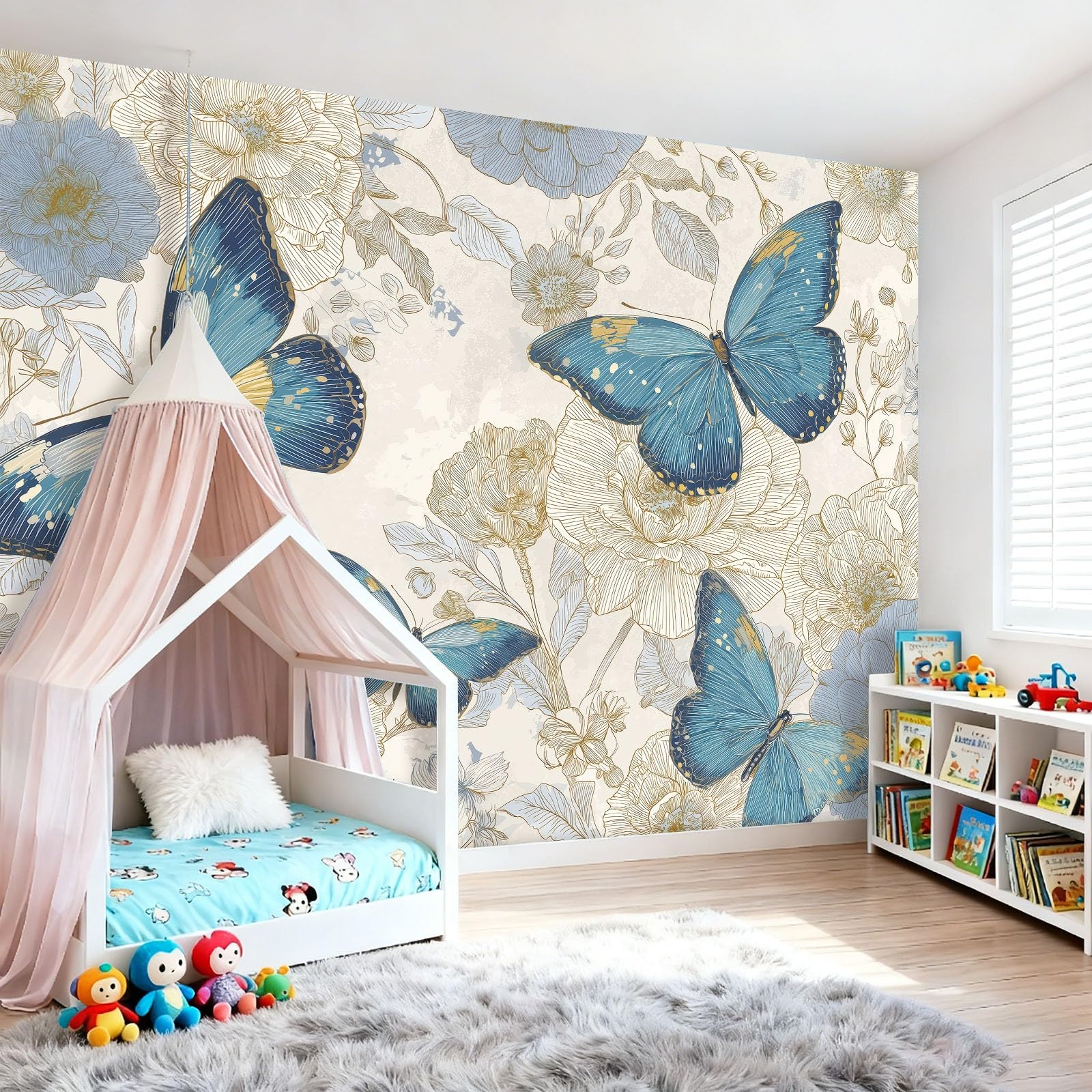 Tapeta panoramiczna 400 x 280 cm, retro motyl kwiaty tapeta z motywem do zabaw i żłobka, niebieska