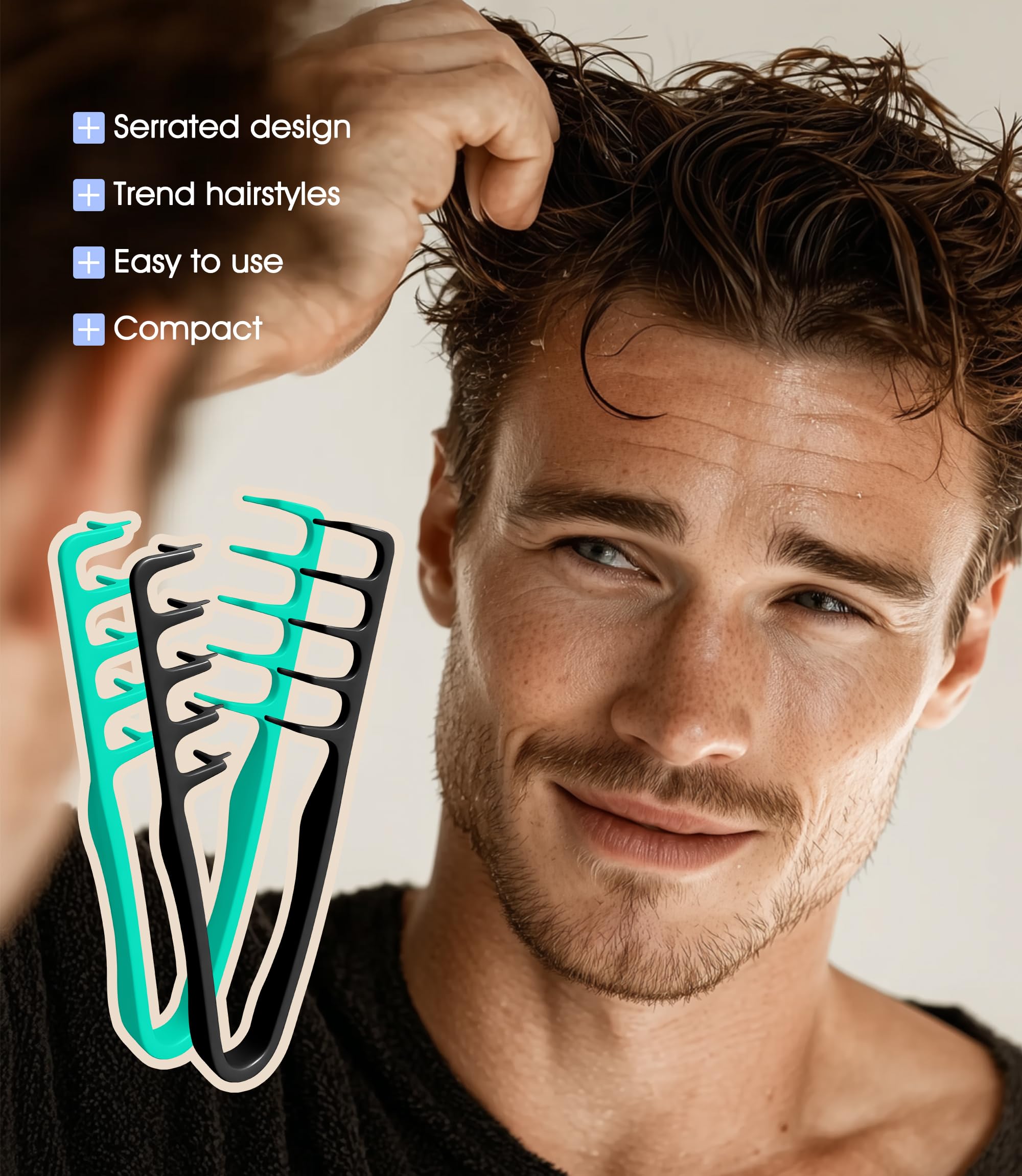 Peine de volumen con textura de 2 piezas con peine de dientes para cuidar el volumen de las raíces del cabello con la línea de flequillo, cepillo de pelo para hombres y mujeres, negro y verde azulado