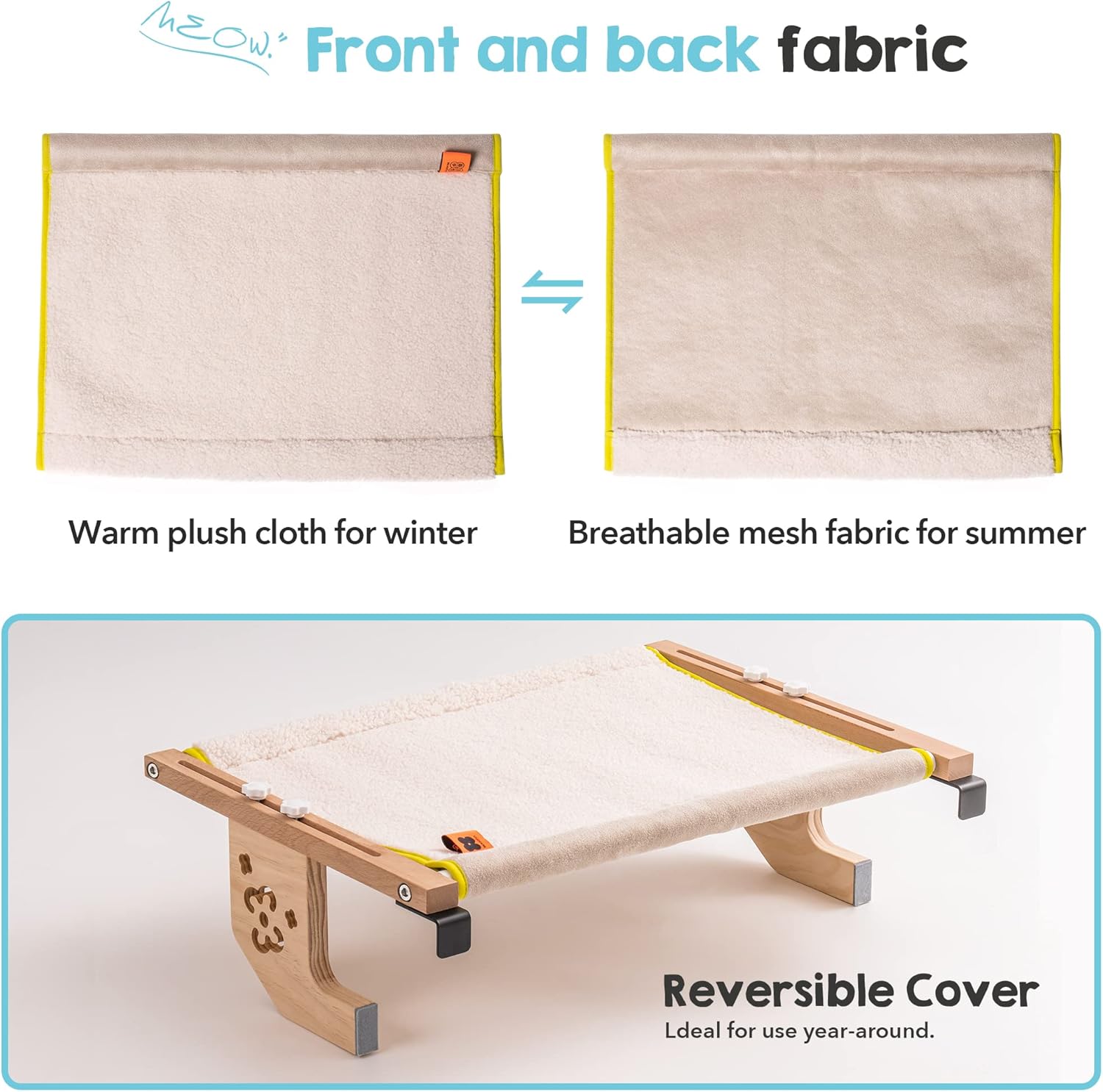 Image showing both sides of the reversible fabric cover: warm plush for winter and breathable mesh for summer.