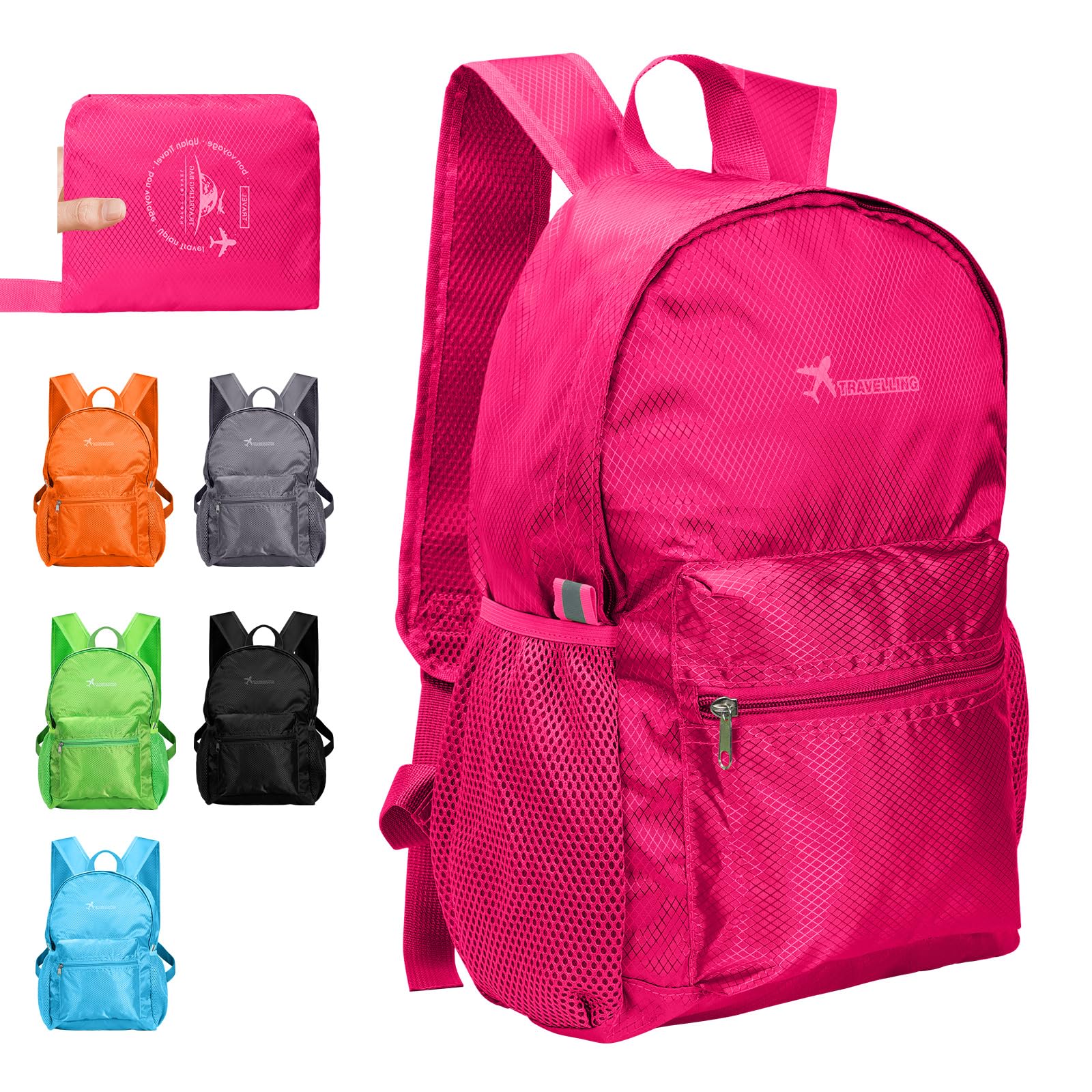 Risipu Lightweight Foldable Backpack Small Waterproof Hiking Rucksack Durable Packable Backpacks for Women Men Outdoor Hiking Biking Travelling Walking Camping (M-Rose Red)