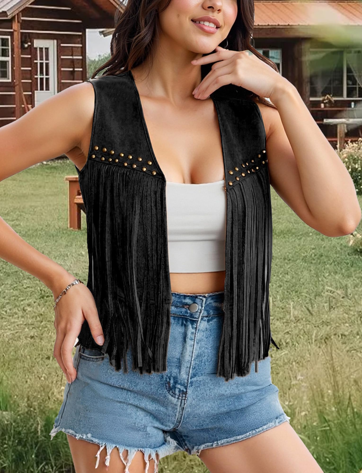 Maeau - Gilet Court en Daim Franges Femme Sans Manches Ouverte Style Années 70 Veste S-XXL
