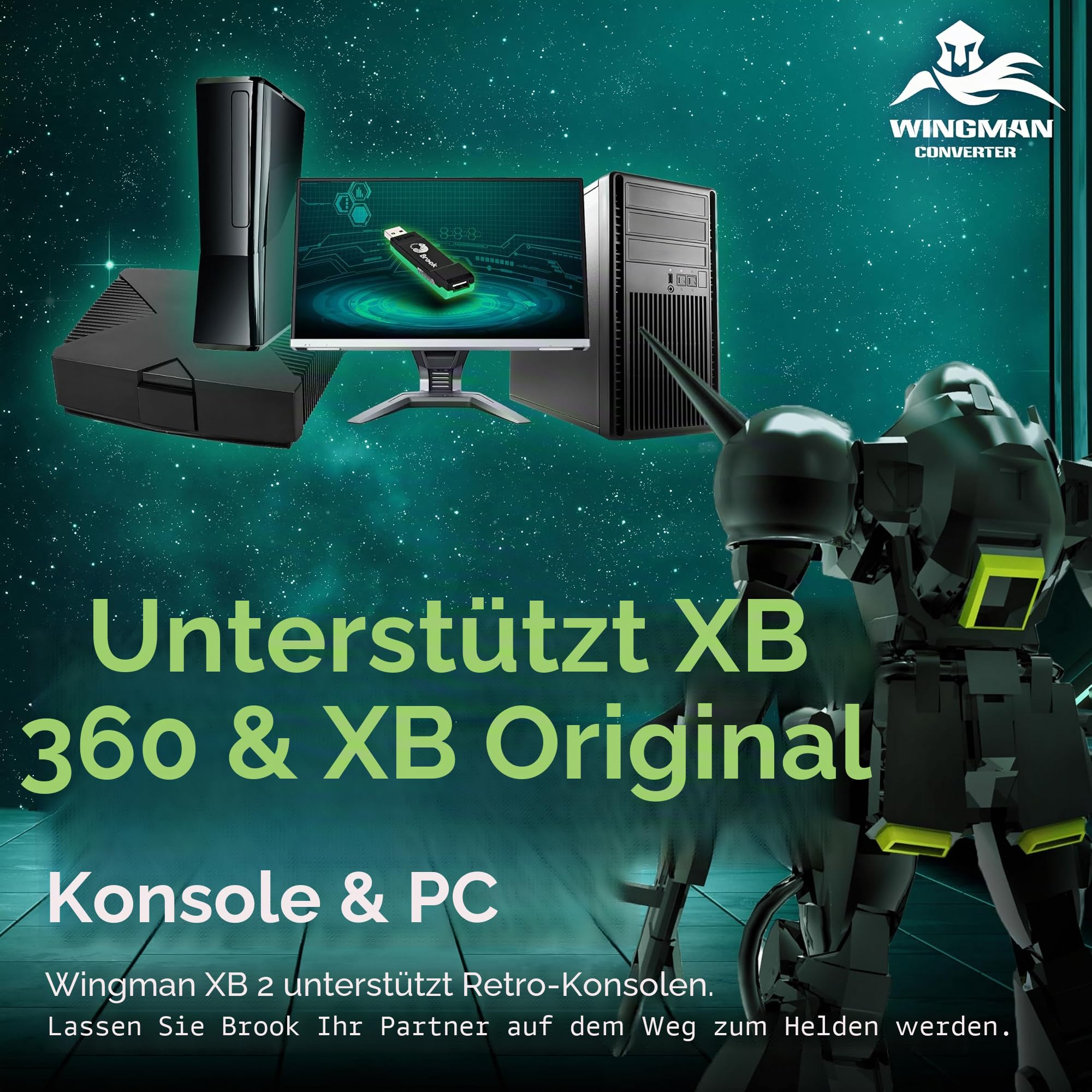 Brook Wingman XB 2 Konverter mit Schlüsselanhänger - Wireless Controller Adapter für XB 360, XB Original Konsolen und PC, unterstützt Remap und einstellbaren Turbo [Exklusive Version]