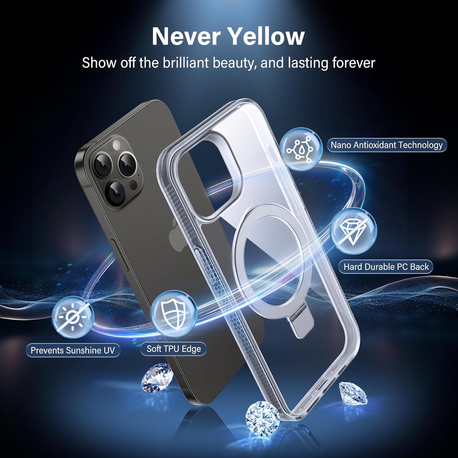 Magnetic Case for iPhone 13 Pro Max - [Built-in Invisible Stand] [Compatible with MagSafe] [Military Grade Drop Protection] Anti-Yellowing Hard Back Silicone Edge Cover, 6.7", Clear - Image 6