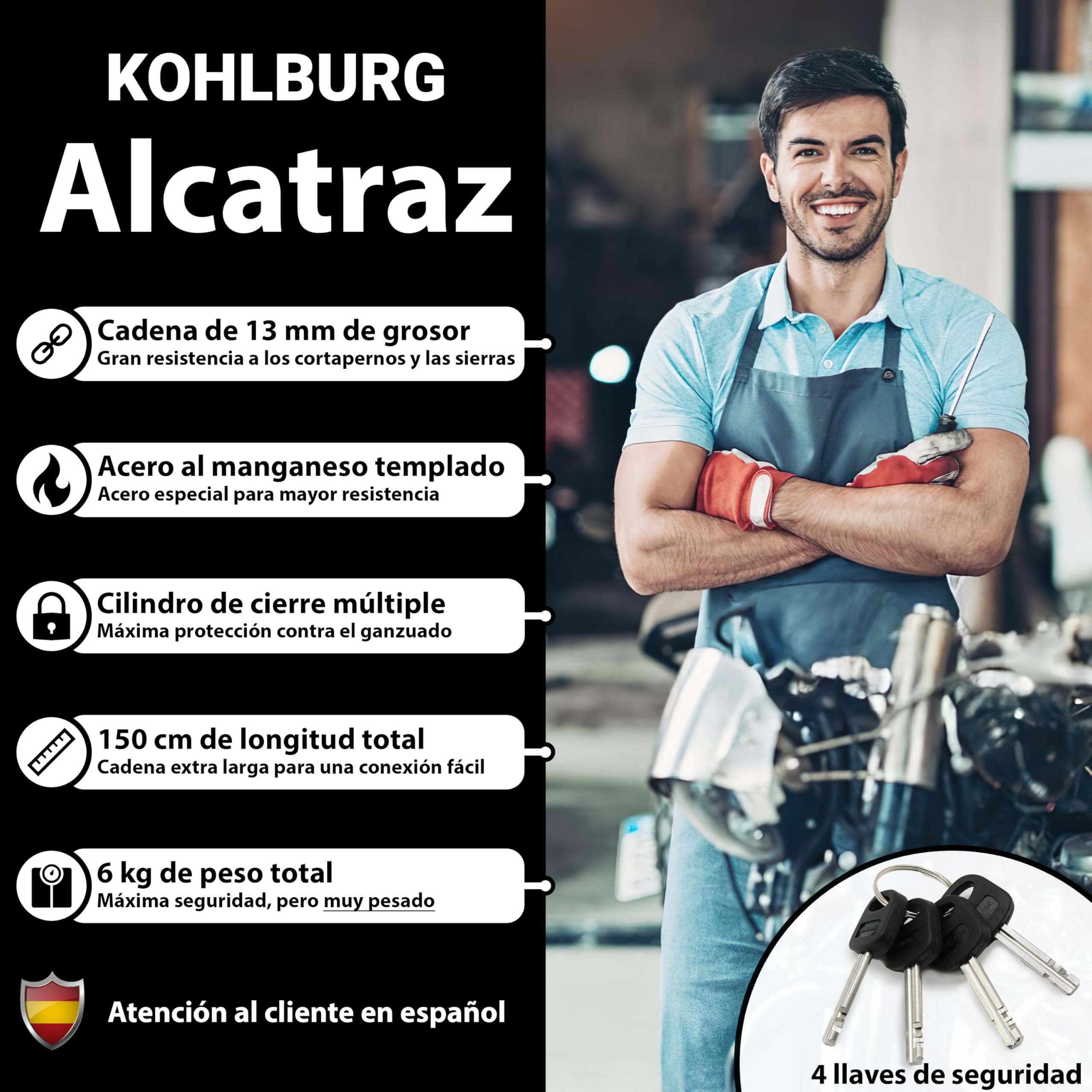 KOHLBURG antirrobo de cadena macizo para moto 6kg, 150 cm de longitud con nuestro nivel de seguridad más alto 15+ de 15, cadena de acero de 13 mm super robusta como candado para moto, scooter y e-bike