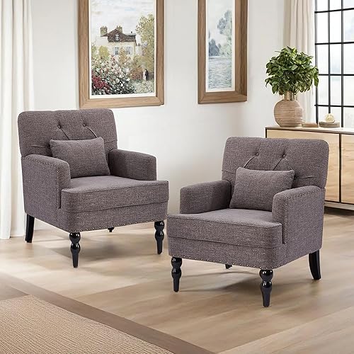 Miniatura 42 de HUIMO Silla de club copetuda, silla decorativa con almohada lumbar, sillón con botones de tela de lino, sillas tapizadas para dormitorio, sala de