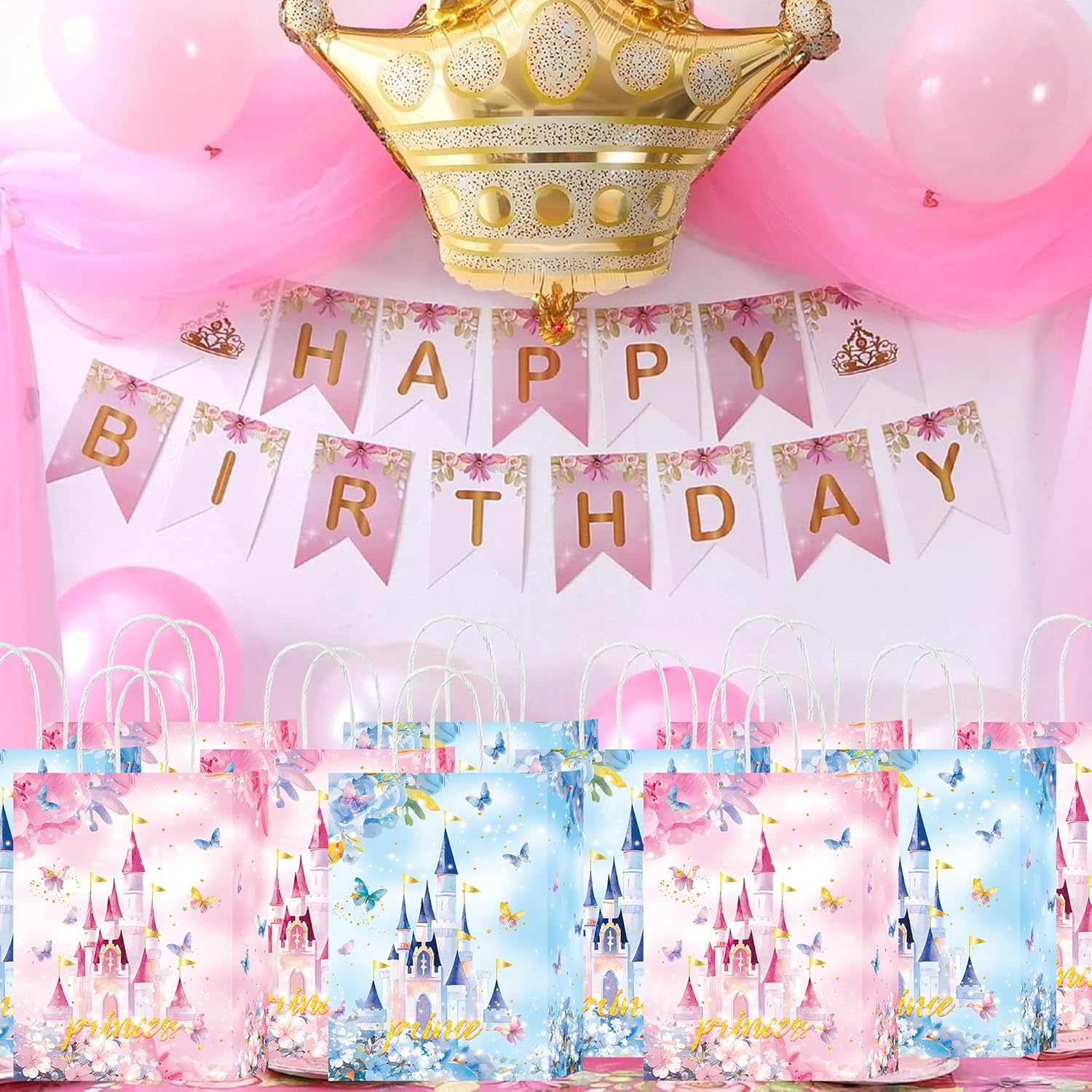 W WINTMING 20Pcs Princess Prince Party Favor Bag Blue Pink Castle Goodie Bag with Handles Butterfly Bag for Baby Shower Birthday Gender Reveal Party (Blue-castle) - Image 6