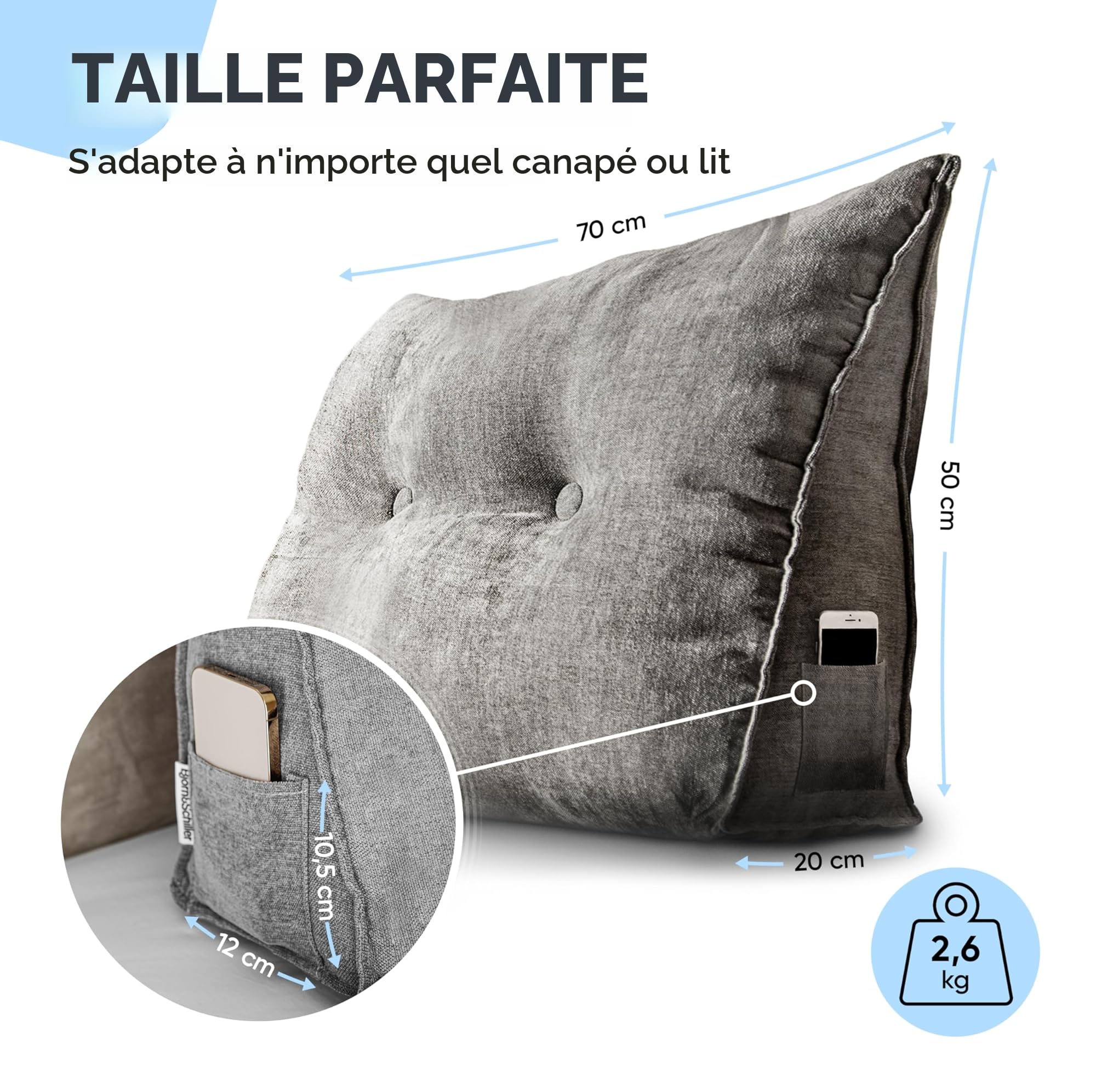 Björn&Schiller Rückenkissen Grau, 70 cm - Lesekissen für Bett und Sofa, Keilkissen, Rückenpolster für Die Wand, Sitzkissen, Wandkissen, groß mit waschbarem Bezug - Ideal zum Anlehnen