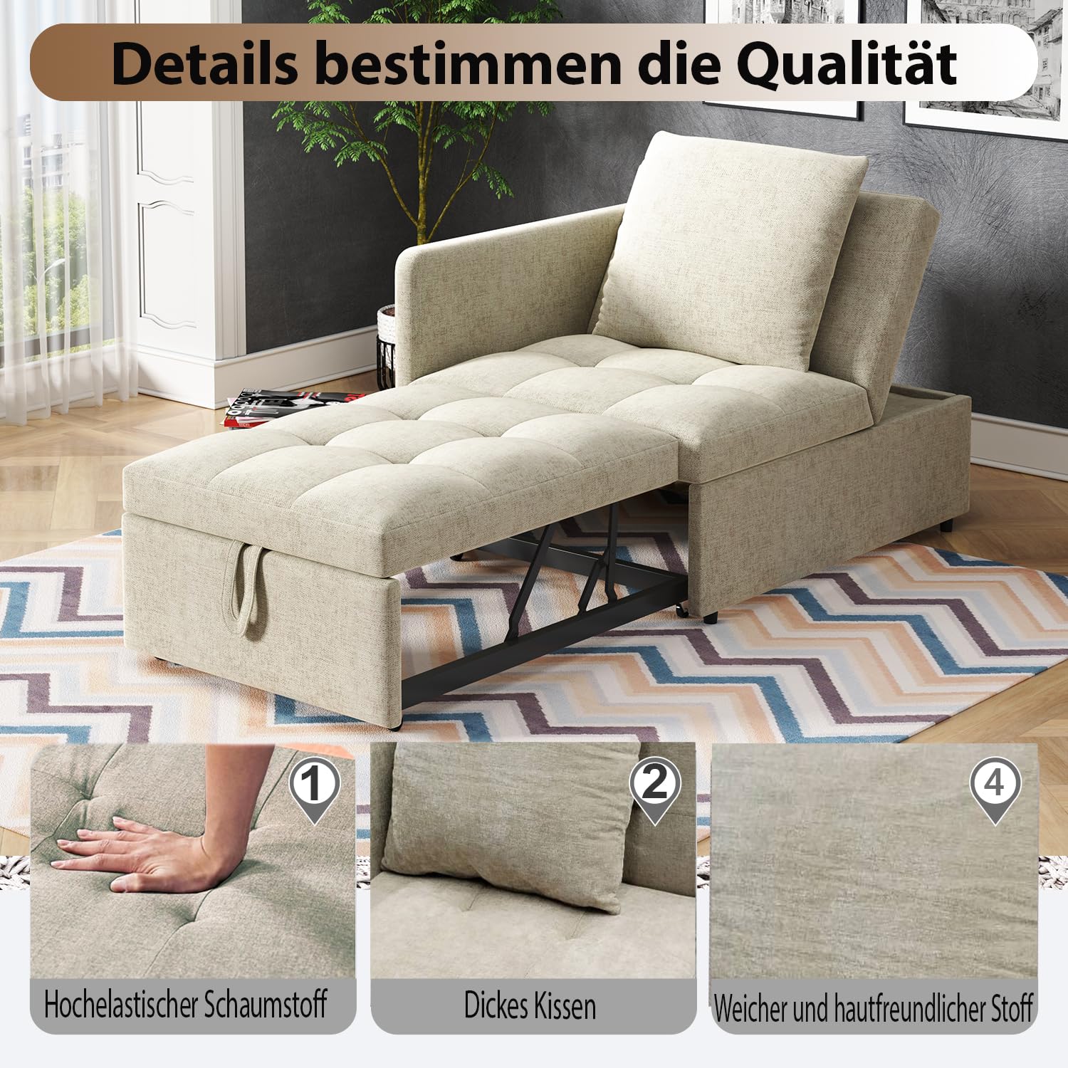 Schlafsofa Klein, Einzel-Sofa, Bett, Stuhl, 3-in-1-Sessel, Klappsofa & Schlafhocker mit Bettfunktion, wandelbar Schlafsessel bis 200 kg, Sofabed mit Bezug in Leinenoptik für kleine Räume (Beige)