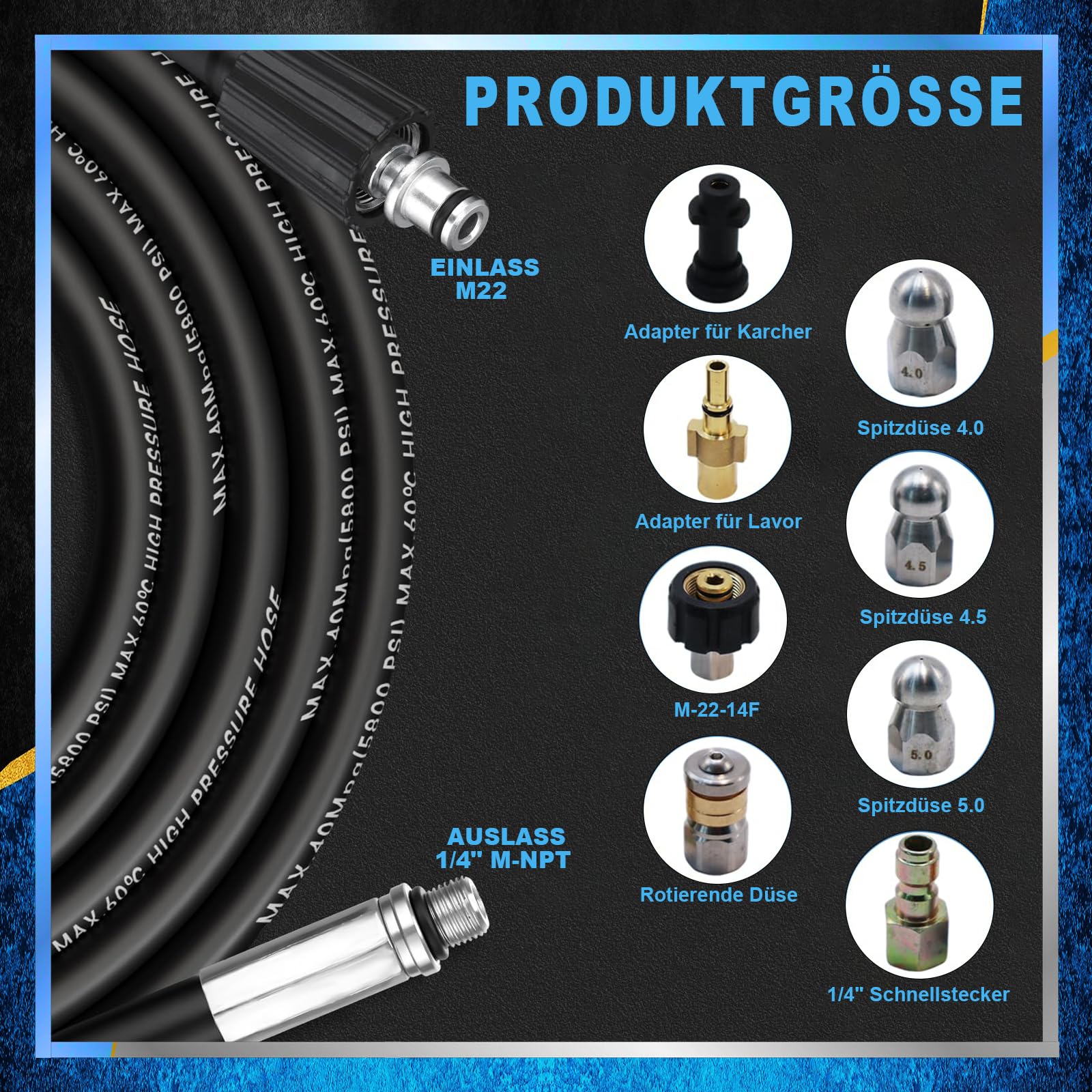 Rohrreinigungsschlauch Set 30m, 5800 PSI / 400 bar, mit Adapter und Düsen