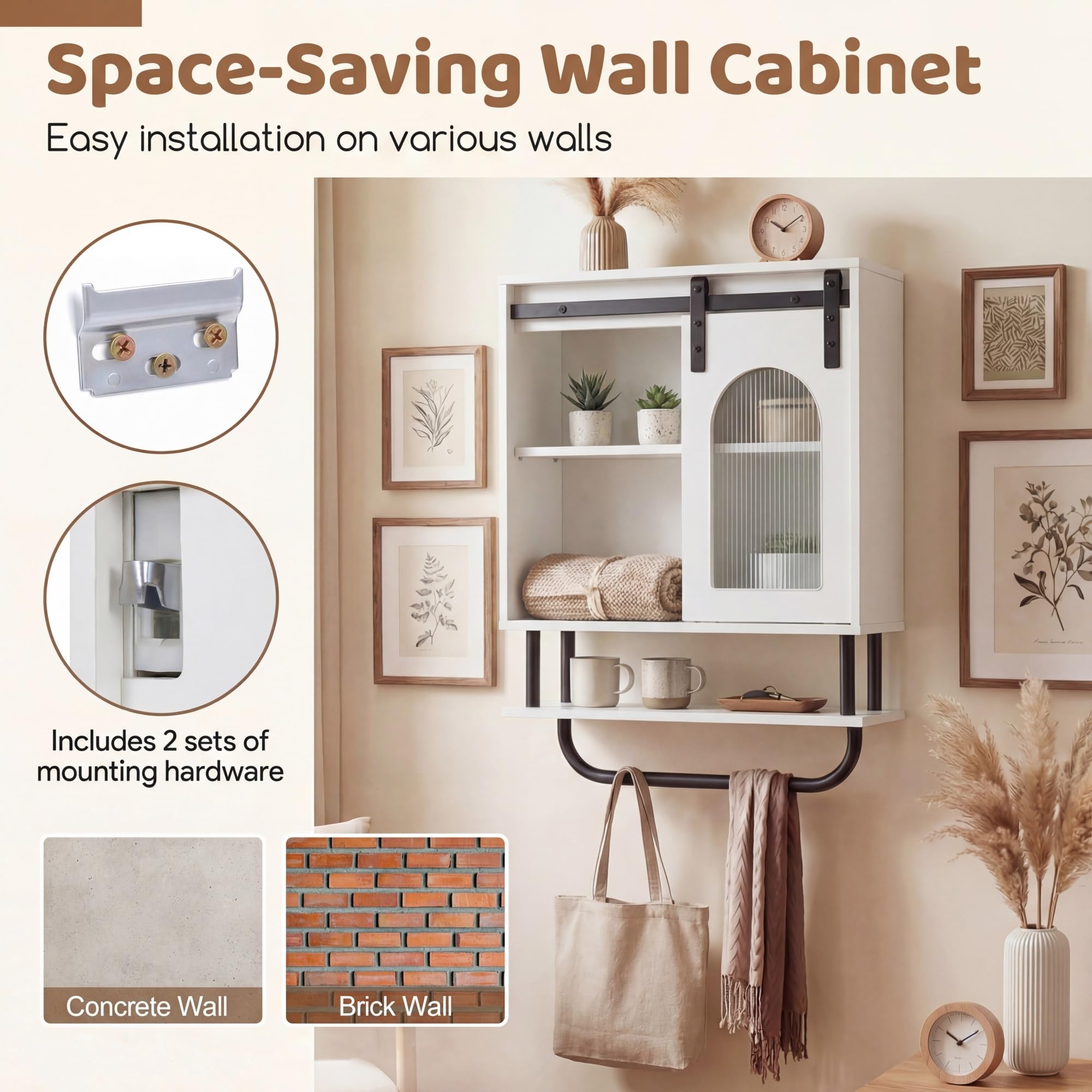 LIFEZEAL Armoire Murale de Salle de Bain, Armoire avec Porte-Serviettes et Compartiment Ouvert, Meuble Suspendu pour Salle de Bain, Cuisine, Salon, 50 x 20 x 70 cm (Blanc3)