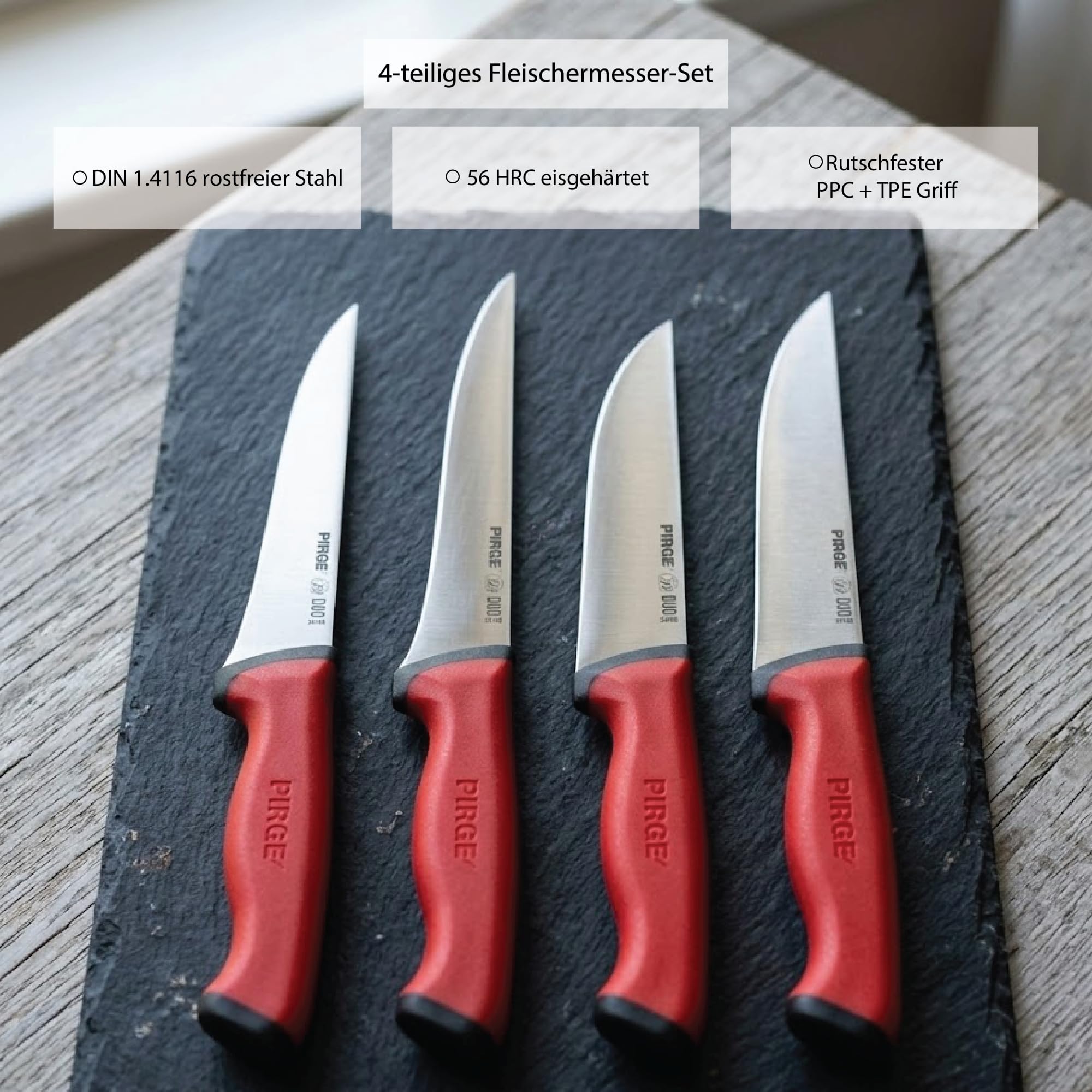 Pirge Set di coltelli da macellaio Duo, 4 pezzi, coltelli da macellazione con impugnatura antiscivolo - coltello da carne - coltello da disosso - affilatura eccellente