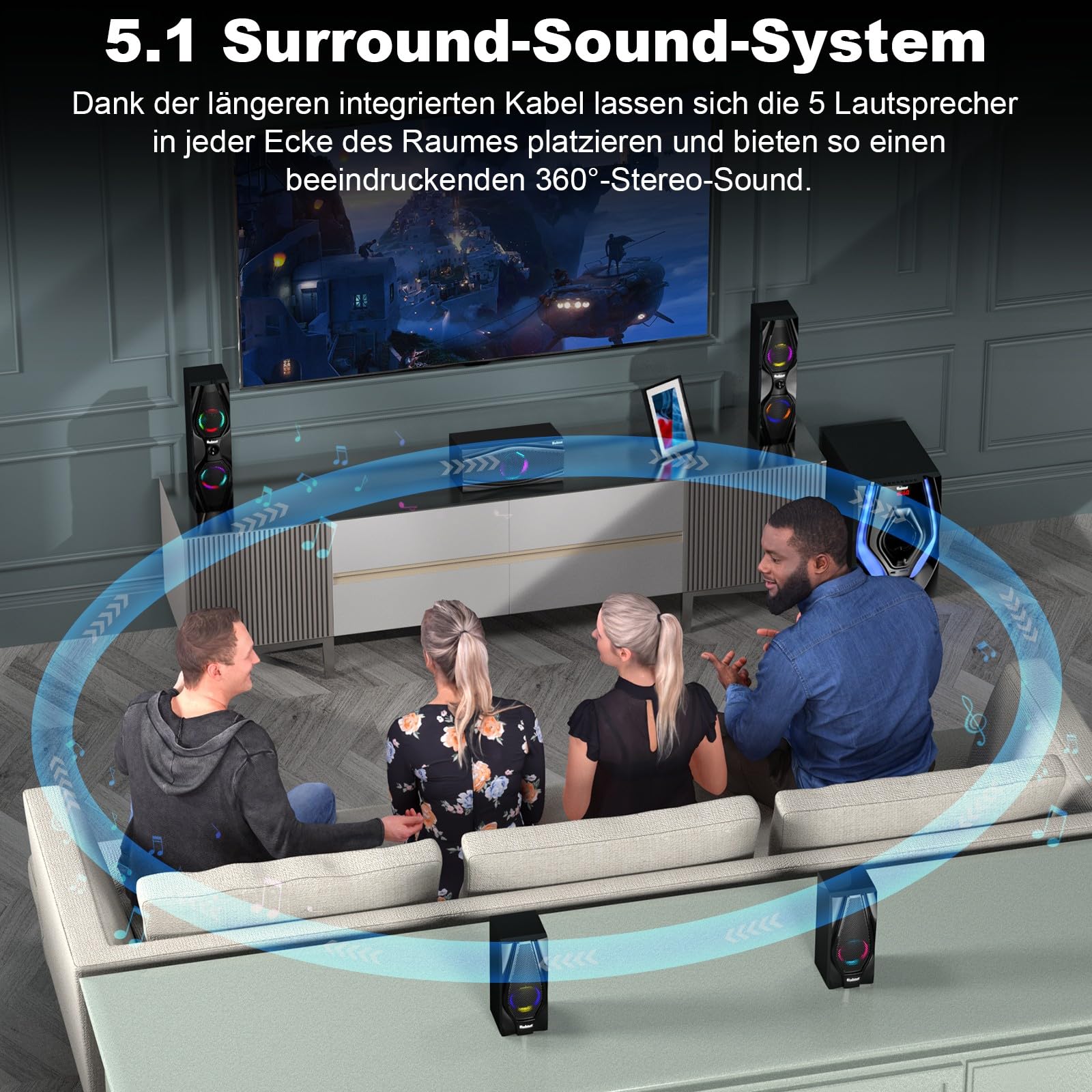 Bobtot Heimkino-System mit Surround-Sound-Lautsprechern, 1200 Watt | 10" Subwoofer, 5.1 Soundsystem mit Umgebungslicht, tiefen Bässen, ARC, optischem Bluetooth-AUX-Karaoke-Eingang für Fernseher