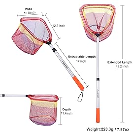 PLUSINNO Kids Fishing Net, Telescopic Lightweight Landing Net with Aluminum Pole Handle and Nylon Mesh, Catch and Release Net for Kids Youth Outdoor