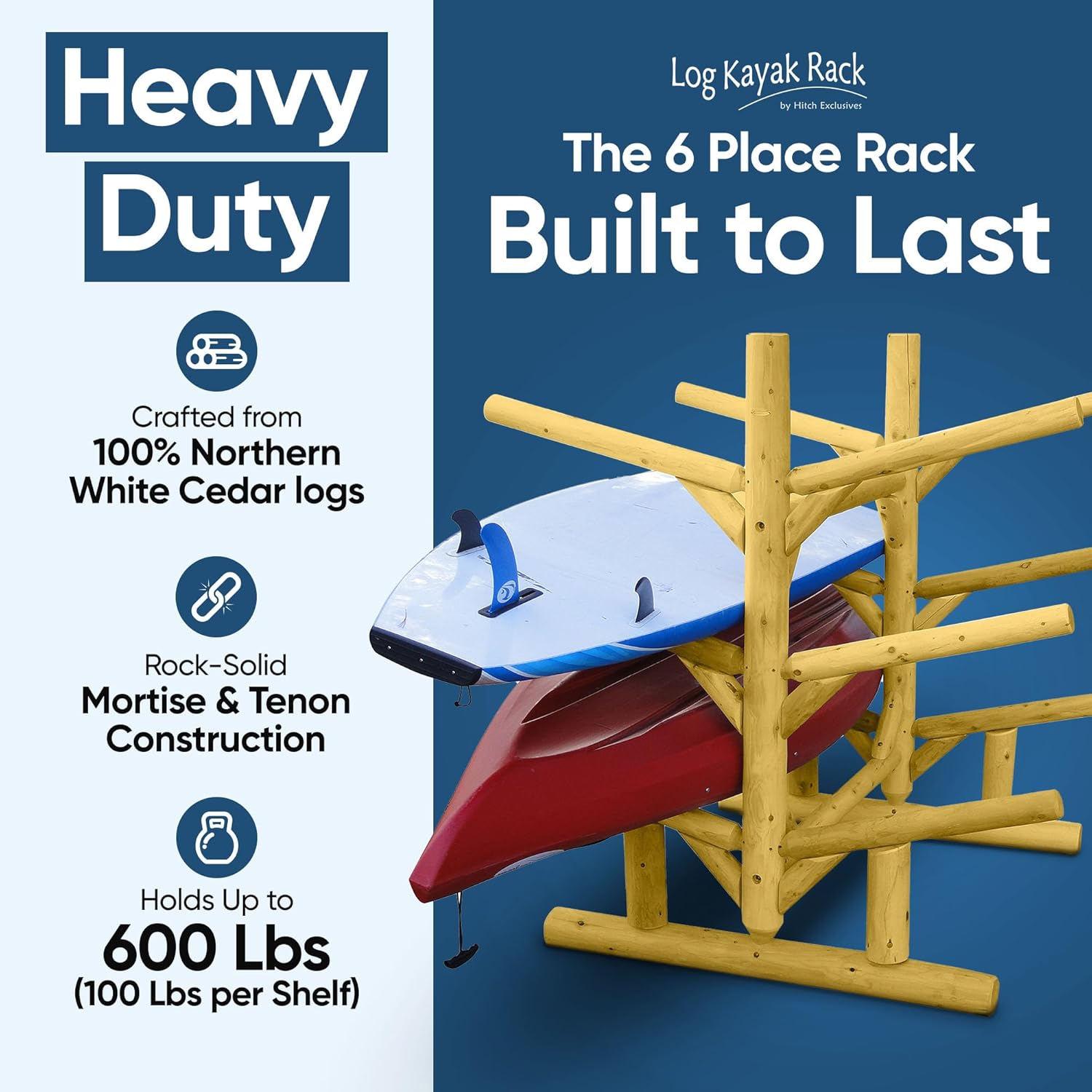 Log Kayak Rack 6-Place, Freestanding Garage Kayak Storage Rack, Surfboard Stands, SUP Racks, Surfboards Steady Stand, SUP Board Stand, Outdoor Storage Racks