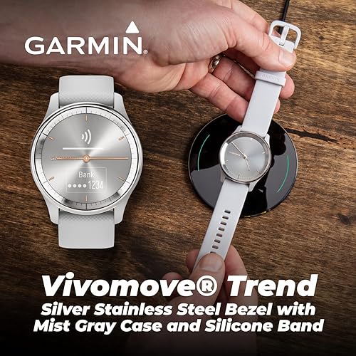 Miniatura 4 de Wearable4U Garmin Vivomove Trend - Reloj inteligente de 1.575 pulgadas, bisel de acero inoxidable plateado con caja gris niebla, reloj híbrido