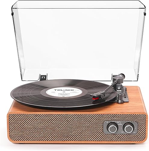Miniatura 1 de Tocadiscos de madera vintage con Bluetooth, tocadiscos de 3 velocidades con altavoces, entrada AUX, conector para auriculares, salida RCA, parada