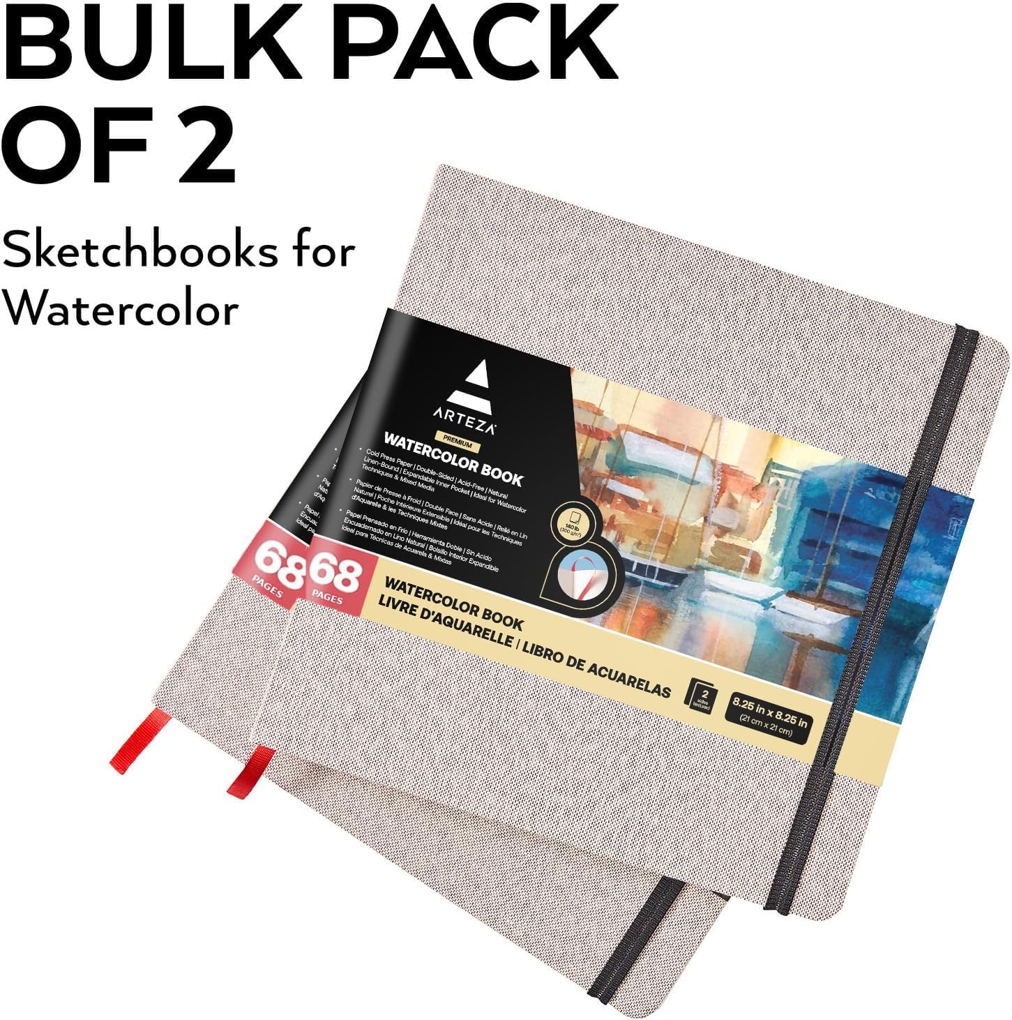 ARTEZA Blocs de acuarela | 21x21 cm | Paquete de 2 | Total 68 hojas | Tapa dura color gris | Papel de 230 g/m² | Libreta de dibujo de acuarela ideal como diario de viaje y bloc para medios mixtos
