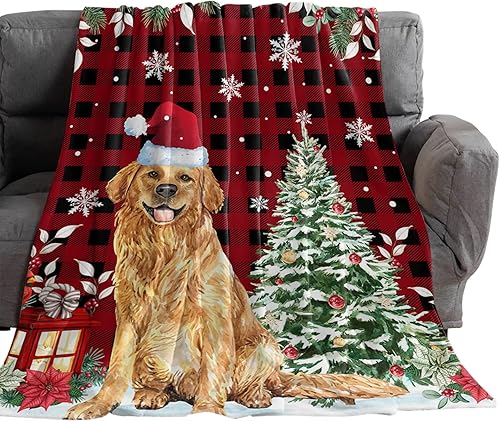 Miniatura 2 de Manta de franela suave con diseño de Papá Noel, perros y perros Golden Retriever, manta de forro polar de franela suave a cuadros rojos y negros,