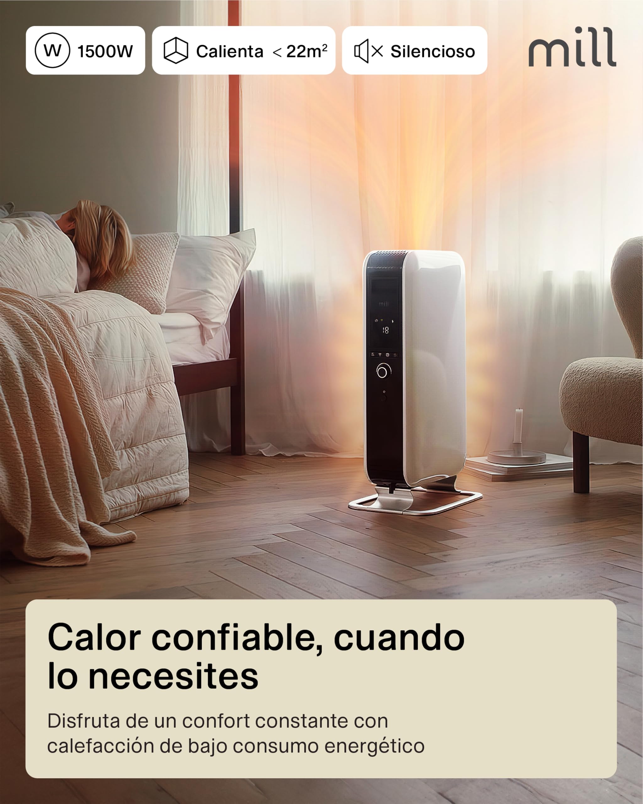 Mill Radiador de Aceite 1500 W, Radiador Eléctrico hasta 22 m², Calefactor Bajo Consumo Silencioso y Seguro, Programa Día y Noche, Radiador de Pie de Diseño Elegante, Diseñado en Noruega