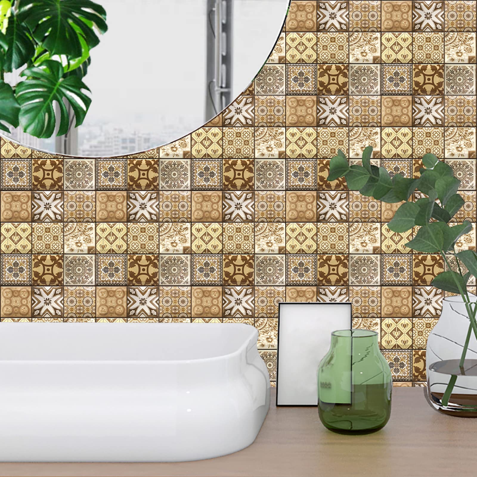 Stick on Tiles Mandala Yellow Mosaic Tile Stickers for Bathroom Kitchen Backsplash Waterproof Tile Covers for Fireplace Surround Cabinet Furniture Stick on Kitchen Tiles 20x20 cm/10 pcs
