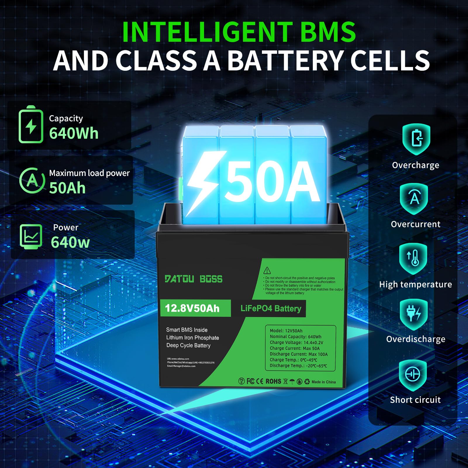 DATOUBOSS 12V 50Ah LiFePO4 Batterie,50A BMS,15000+Zyklen Deep Cycle Lithium Akku MAX 640W Leistung Unterstützung in Serie/Parallelschaltung,verwendet für Wohnmobil, Solar Home System und Boot