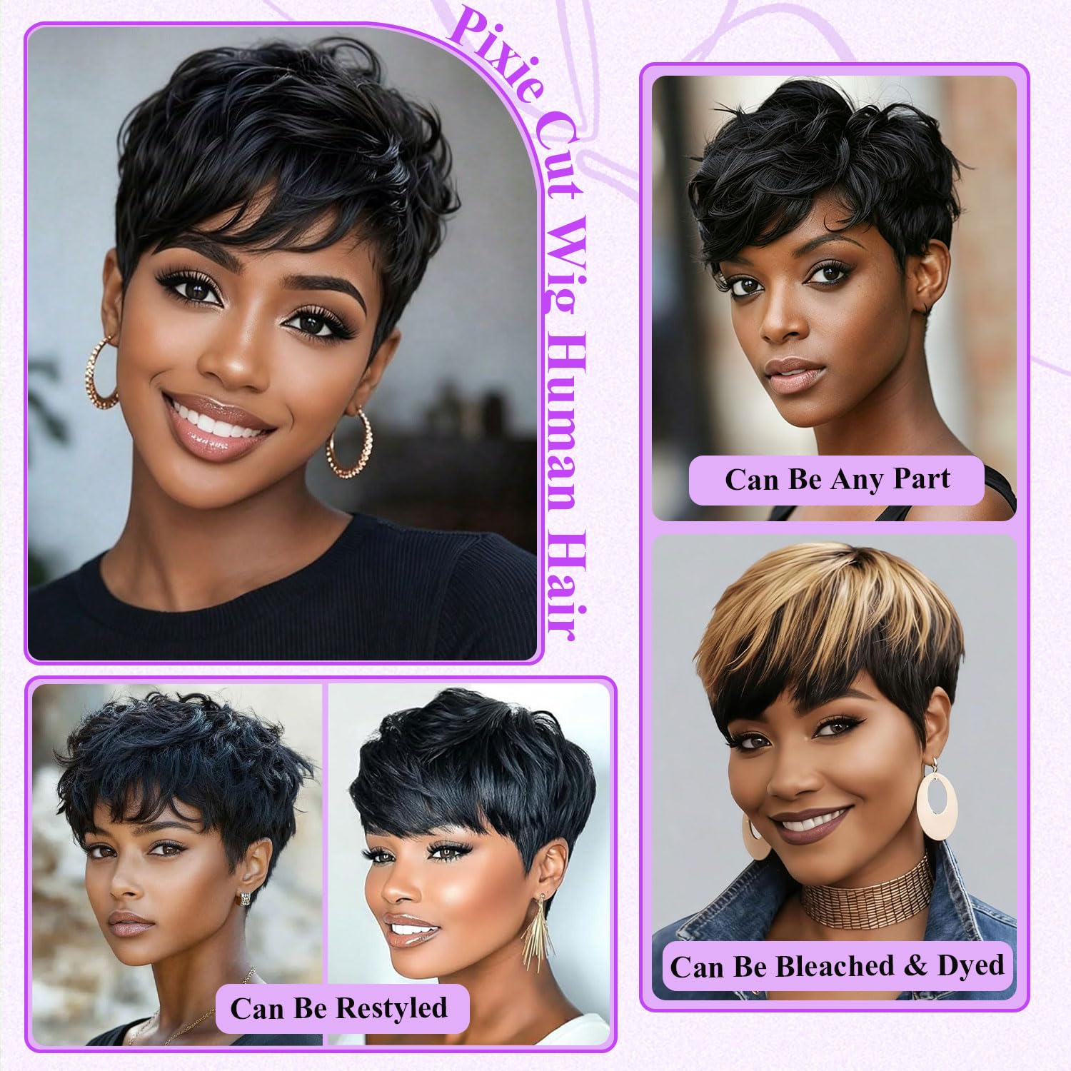Pink Planet Human Hair Pixie Cut Wig for Black Women