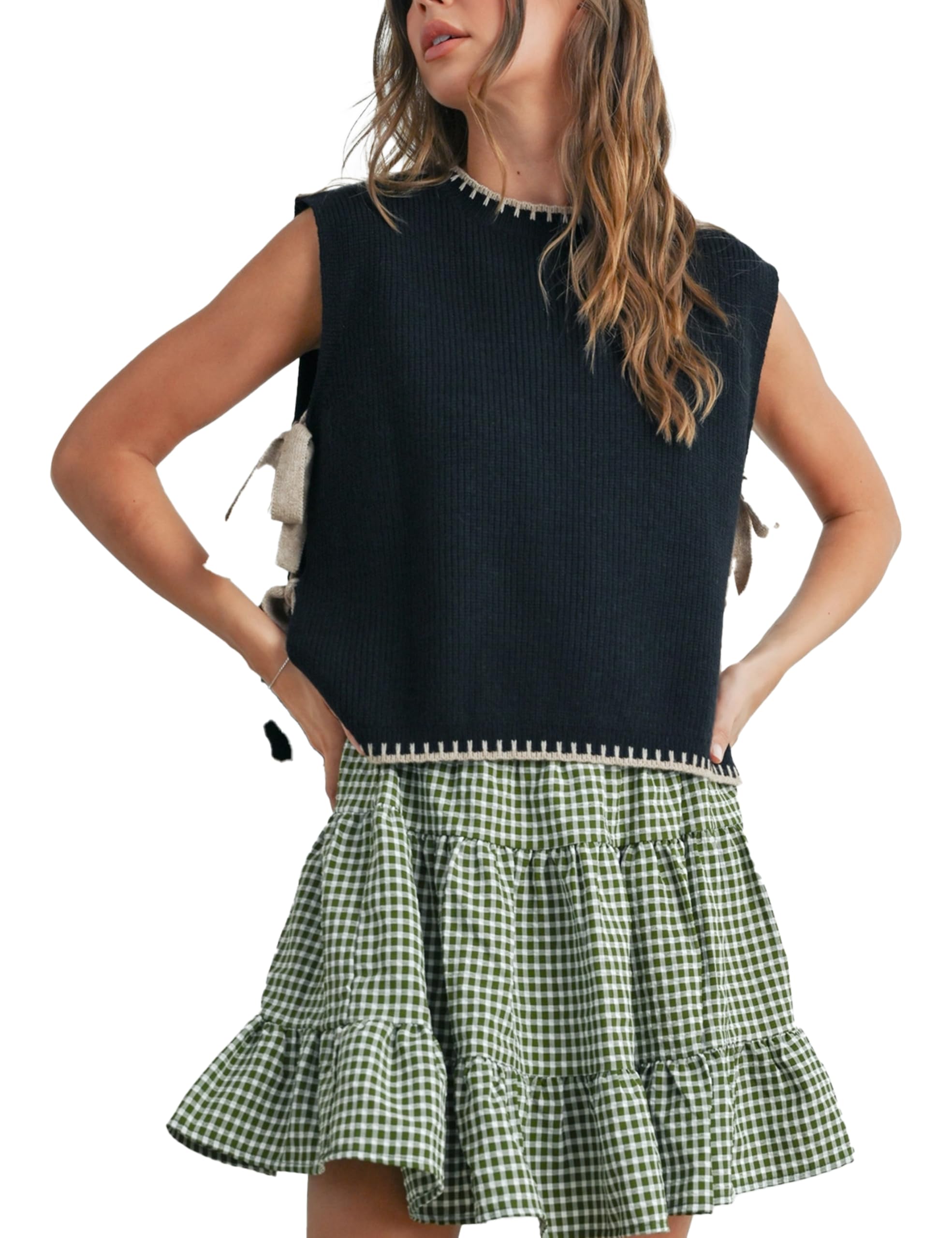 Women Mock Neck Crochet Sweater Vest Sleeveless Tie Knot Slit Tank Knit Tops Lightweight Casual Pullover Clothes